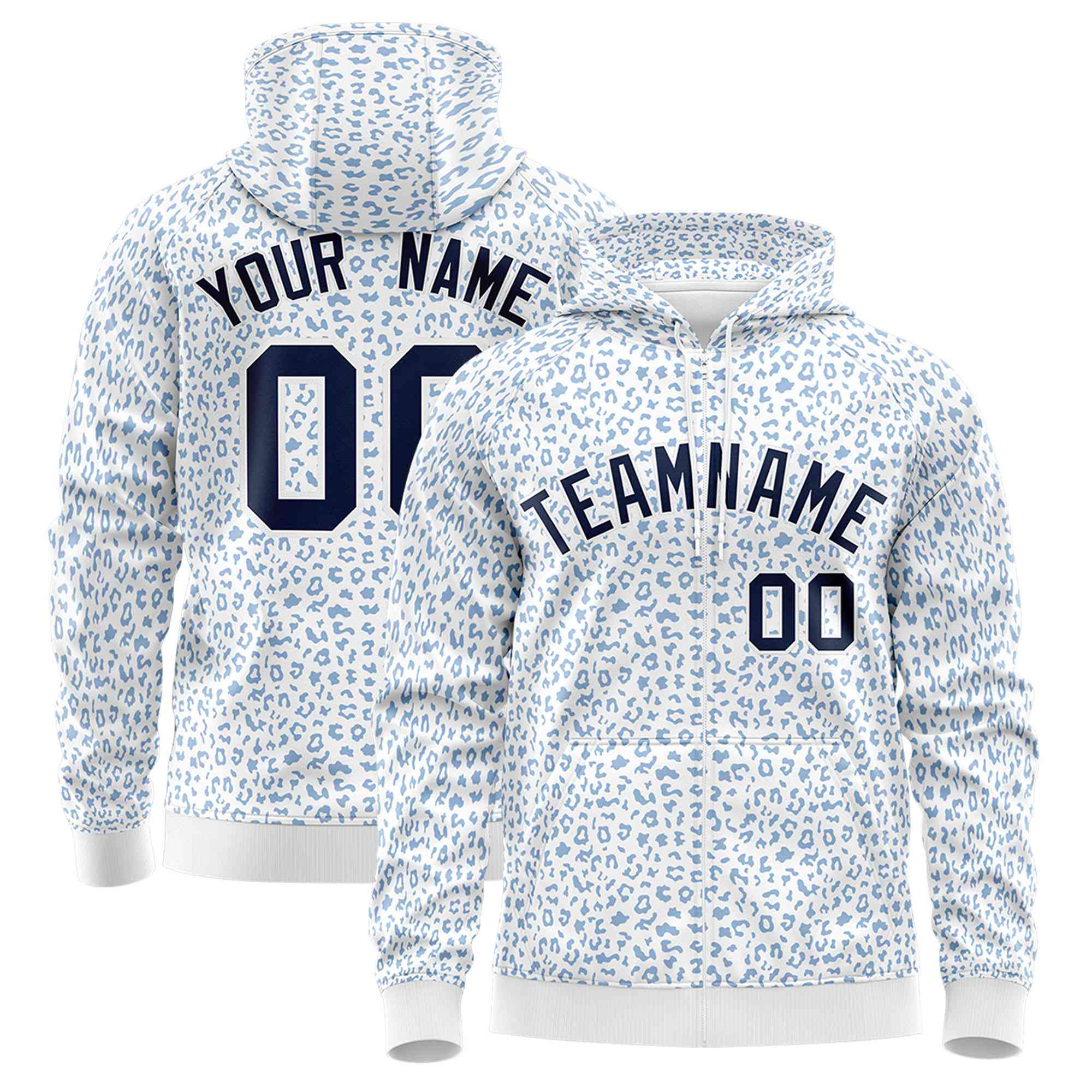 Custom White Navy Varsity Full-Zip Letterman Leopard Print Hoodie Jacket