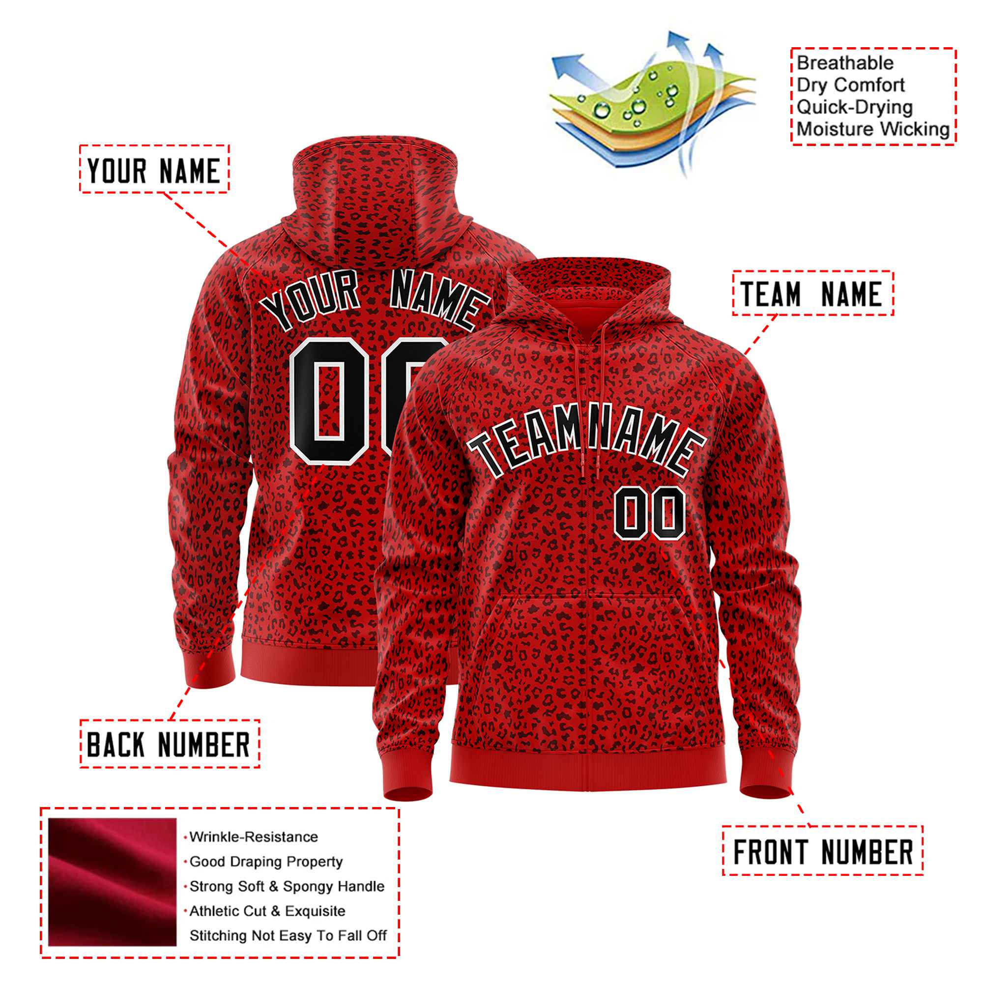 Custom Red Black Varsity Full-Zip Letterman Leopard Print Hoodie Jacket