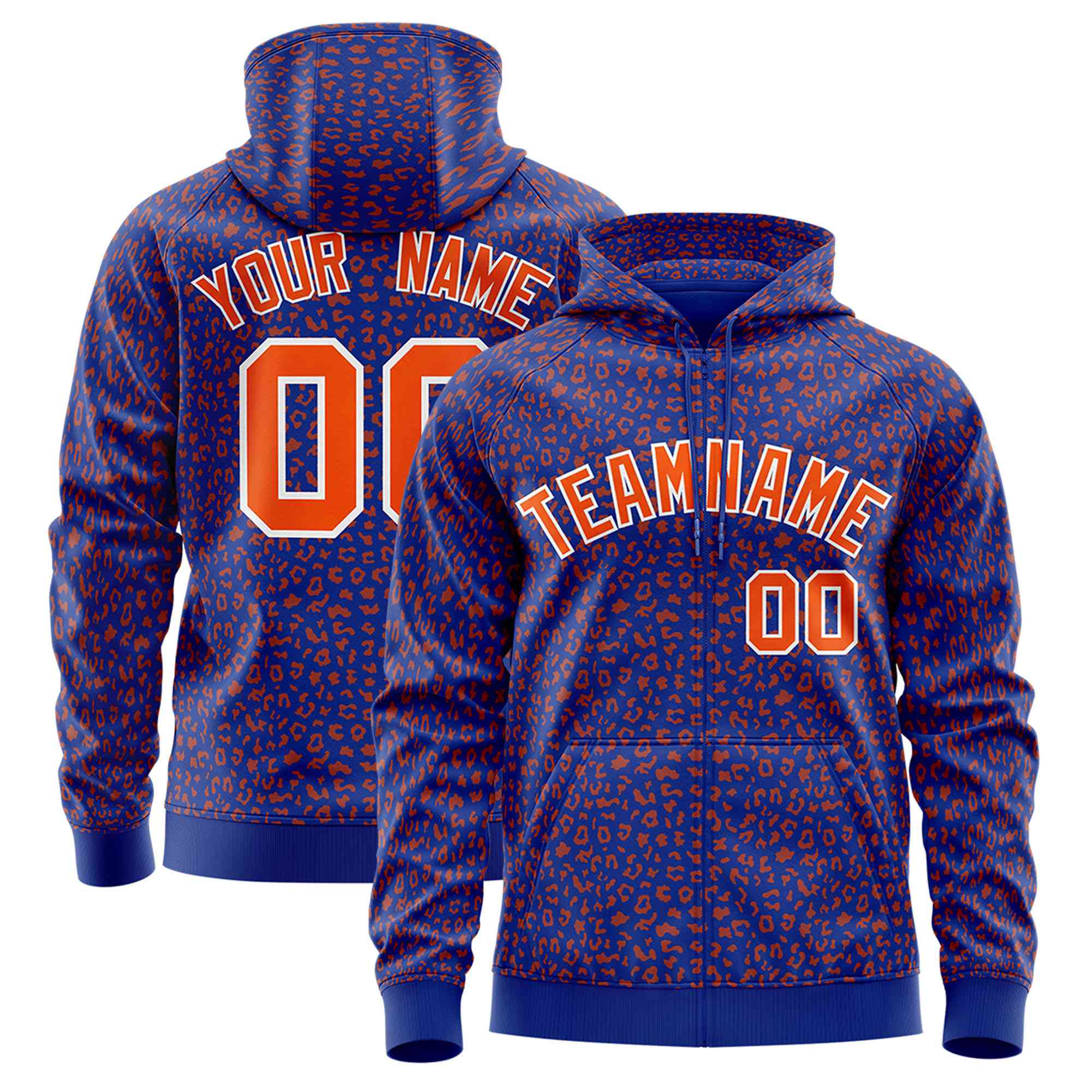 Custom Royal Blue Orange Varsity Full-Zip Letterman Leopard Print Hoodie Jacket