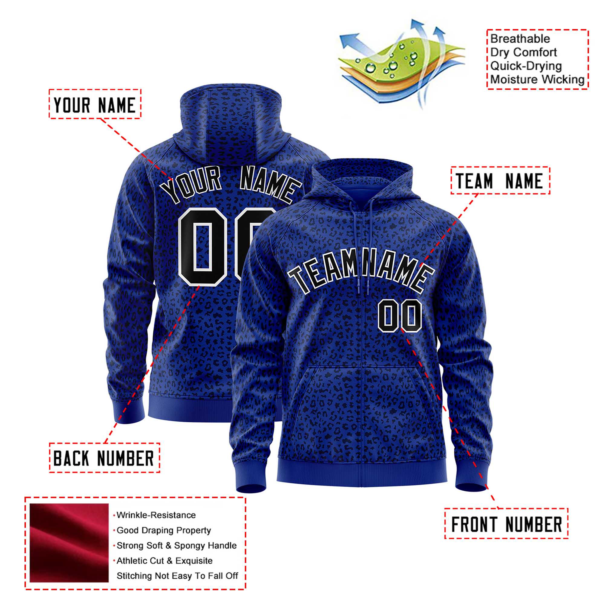 Custom Royal Blue Black Varsity Full-Zip Letterman Leopard Print Hoodie Jacket