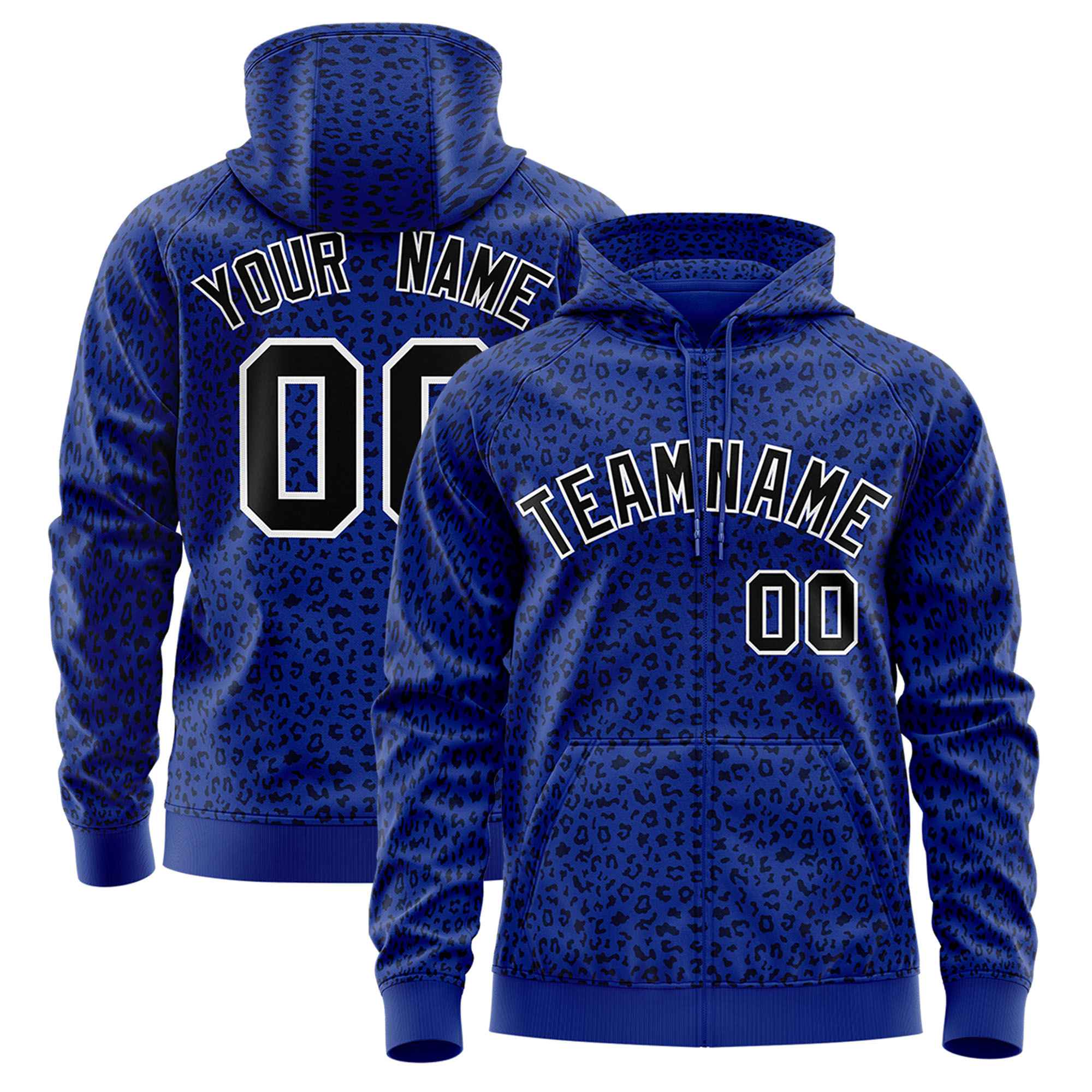 Custom Royal Blue Black Varsity Full-Zip Letterman Leopard Print Hoodie Jacket