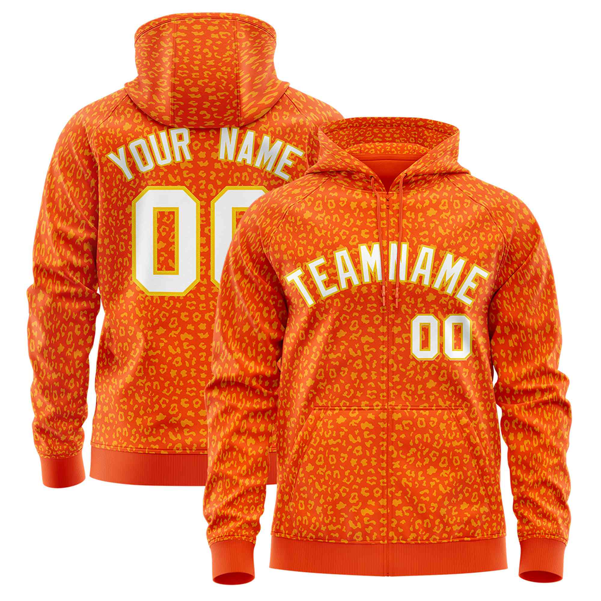 Custom Orange Gold Varsity Full-Zip Letterman Leopard Print Hoodie Jacket