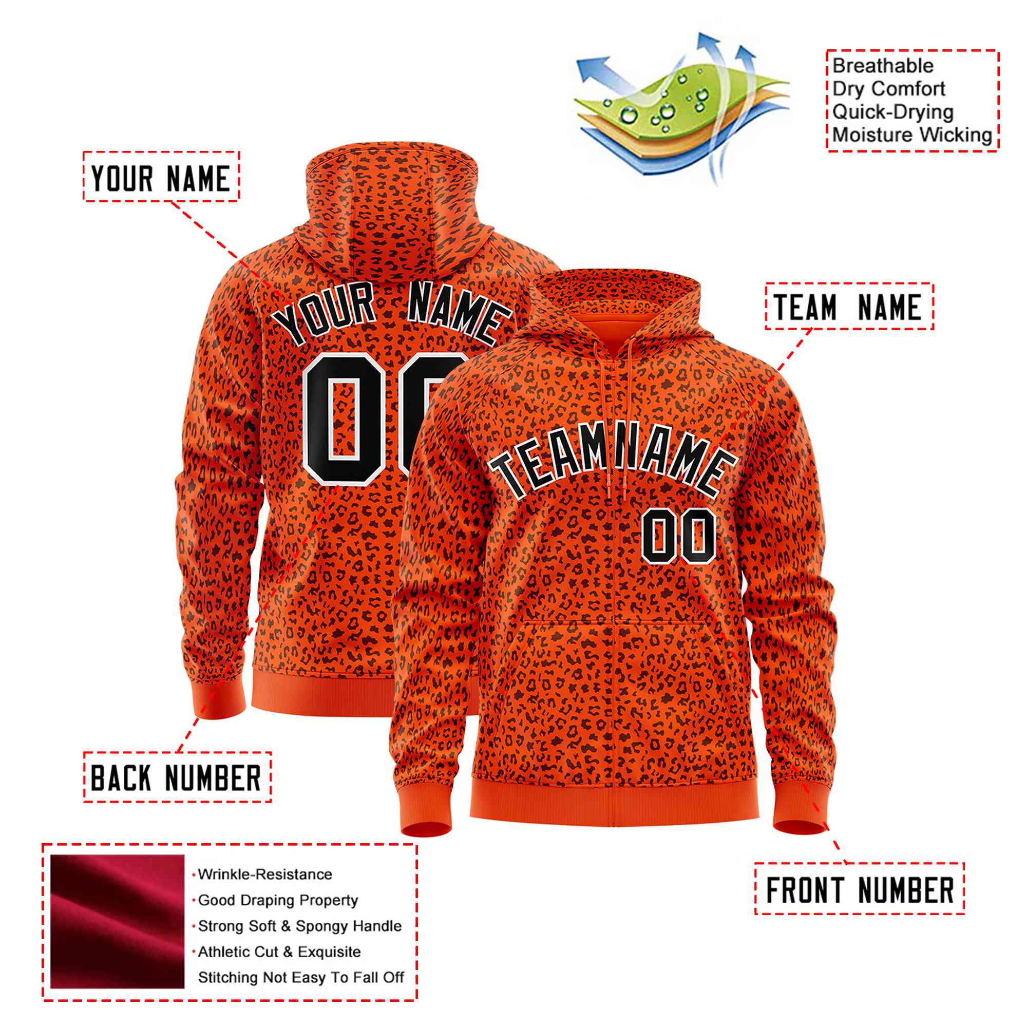 Custom Orange Black Varsity Full-Zip Letterman Leopard Print Hoodie Jacket