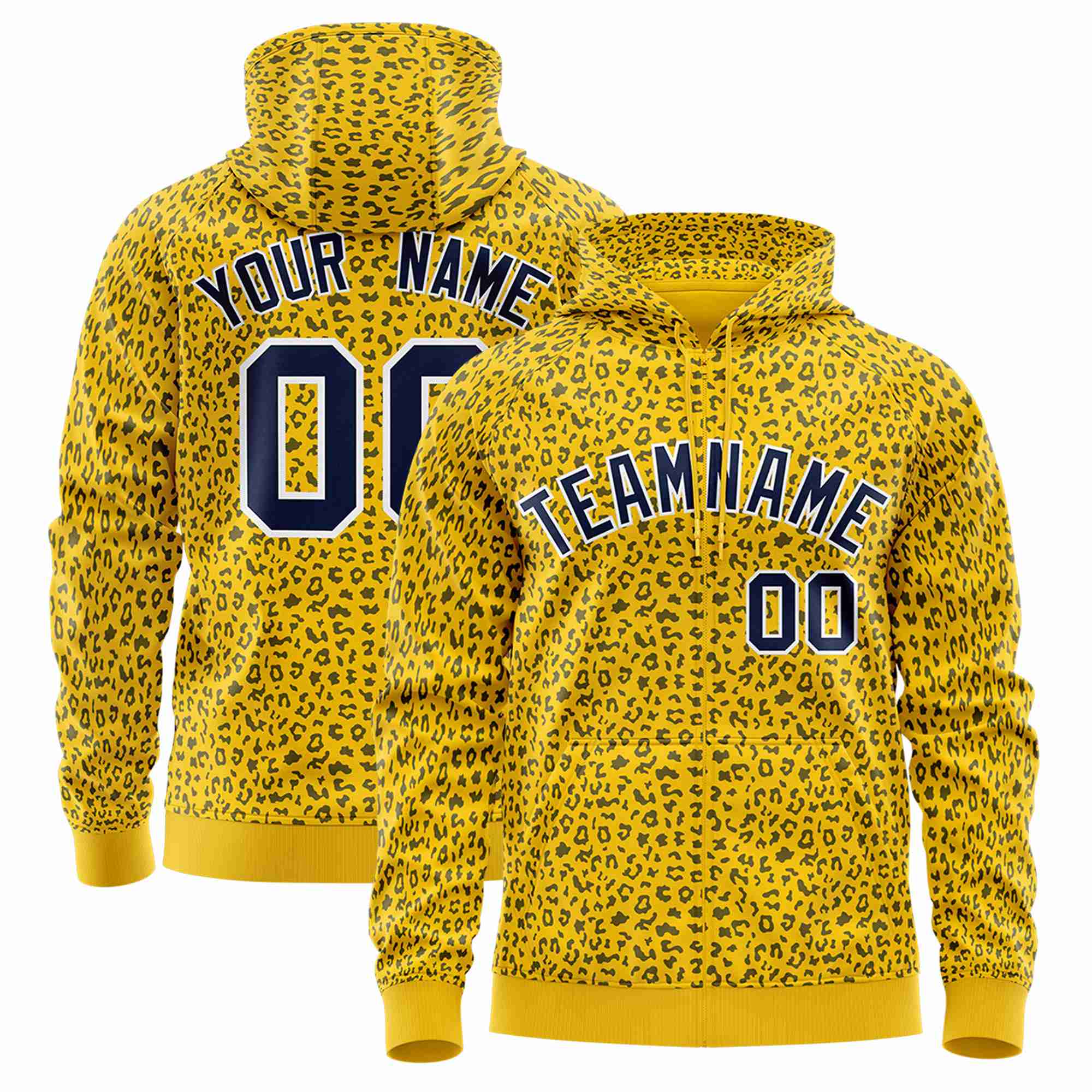 Custom Gold Navy Varsity Full-Zip Letterman Leopard Print Hoodie Jacket