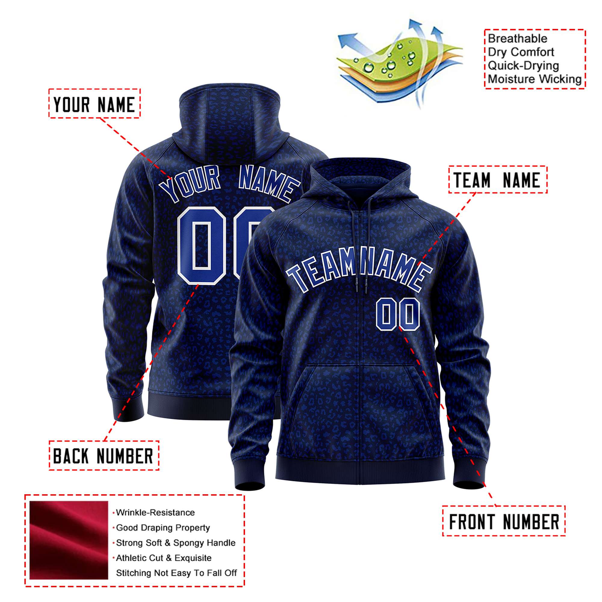 Custom Navy Royal Blue Varsity Full-Zip Letterman Leopard Print Hoodie Jacket