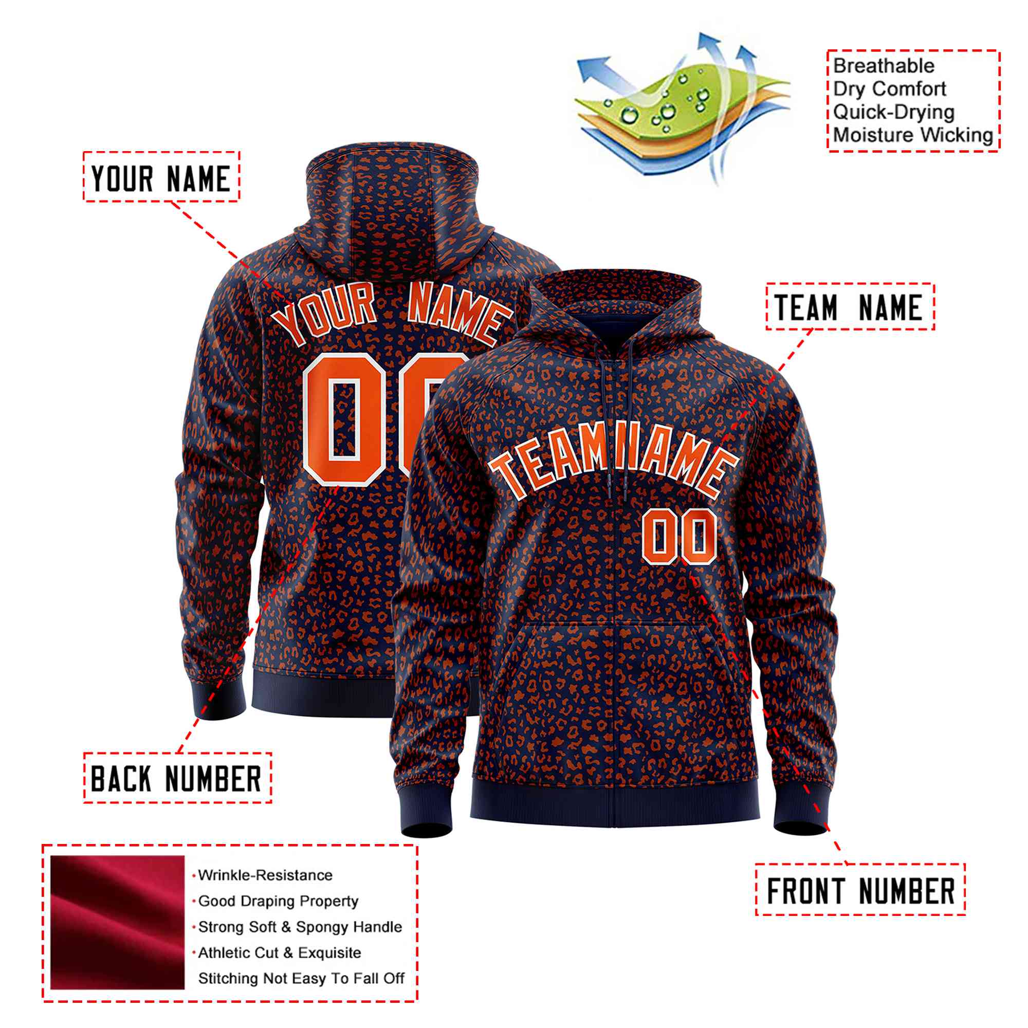 Custom Navy Orange Varsity Full-Zip Letterman Leopard Print Hoodie Jacket