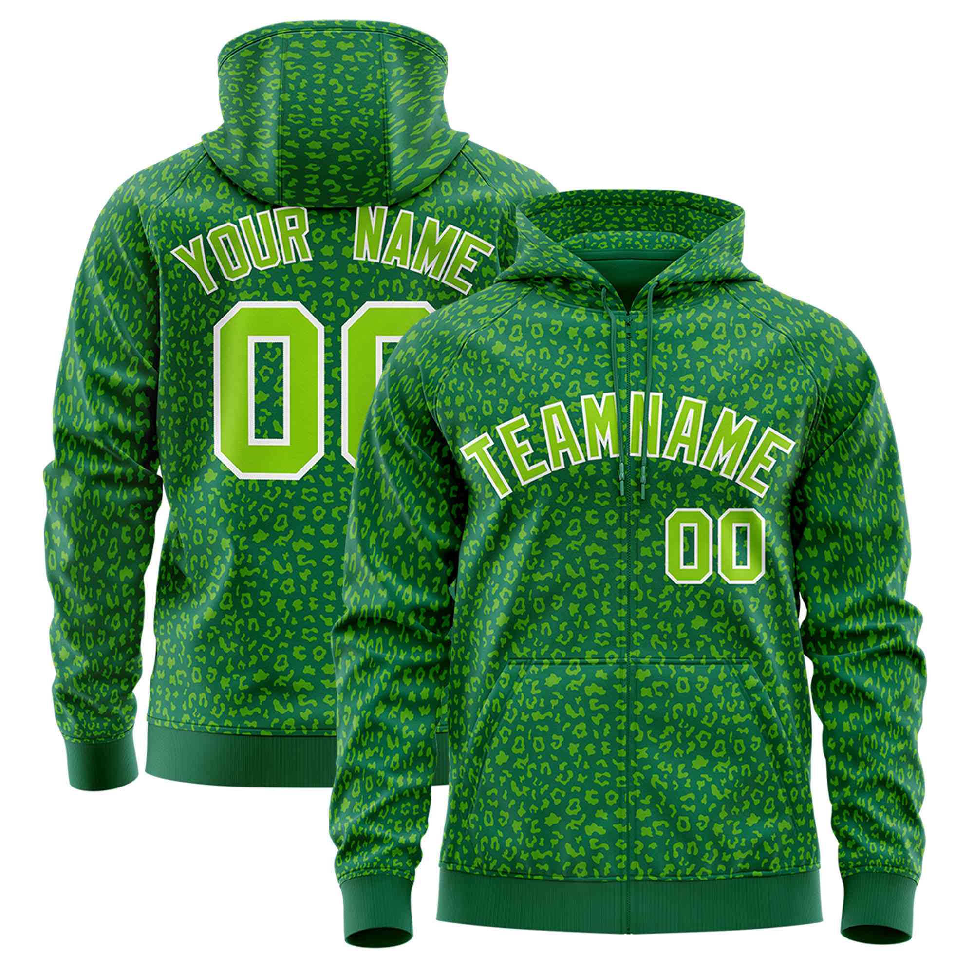 Custom Kelly Green Neon Green Varsity Full-Zip Letterman Leopard Print Hoodie Jacket