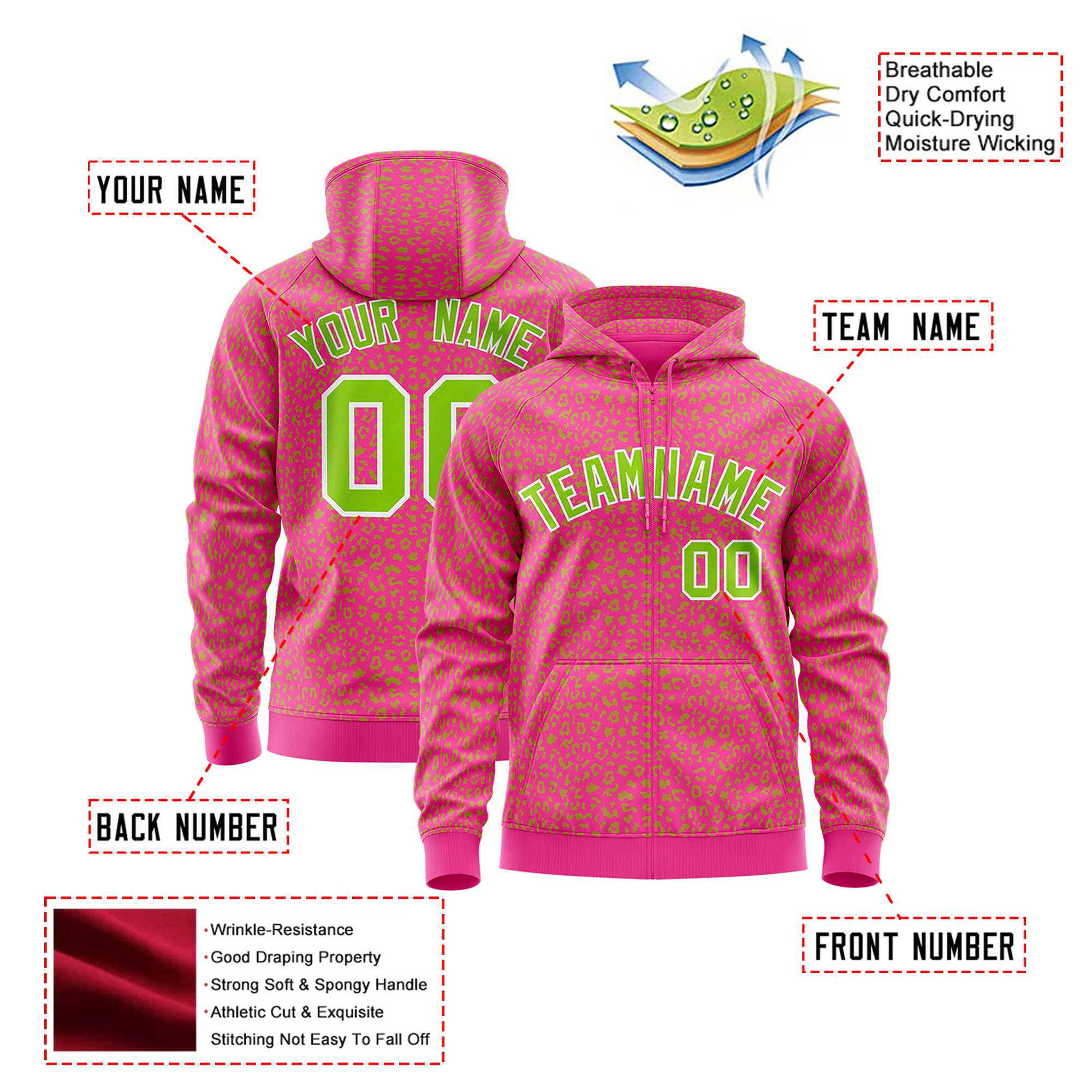 Custom Pink Neon Green Varsity Full-Zip Letterman Leopard Print Hoodie Jacket