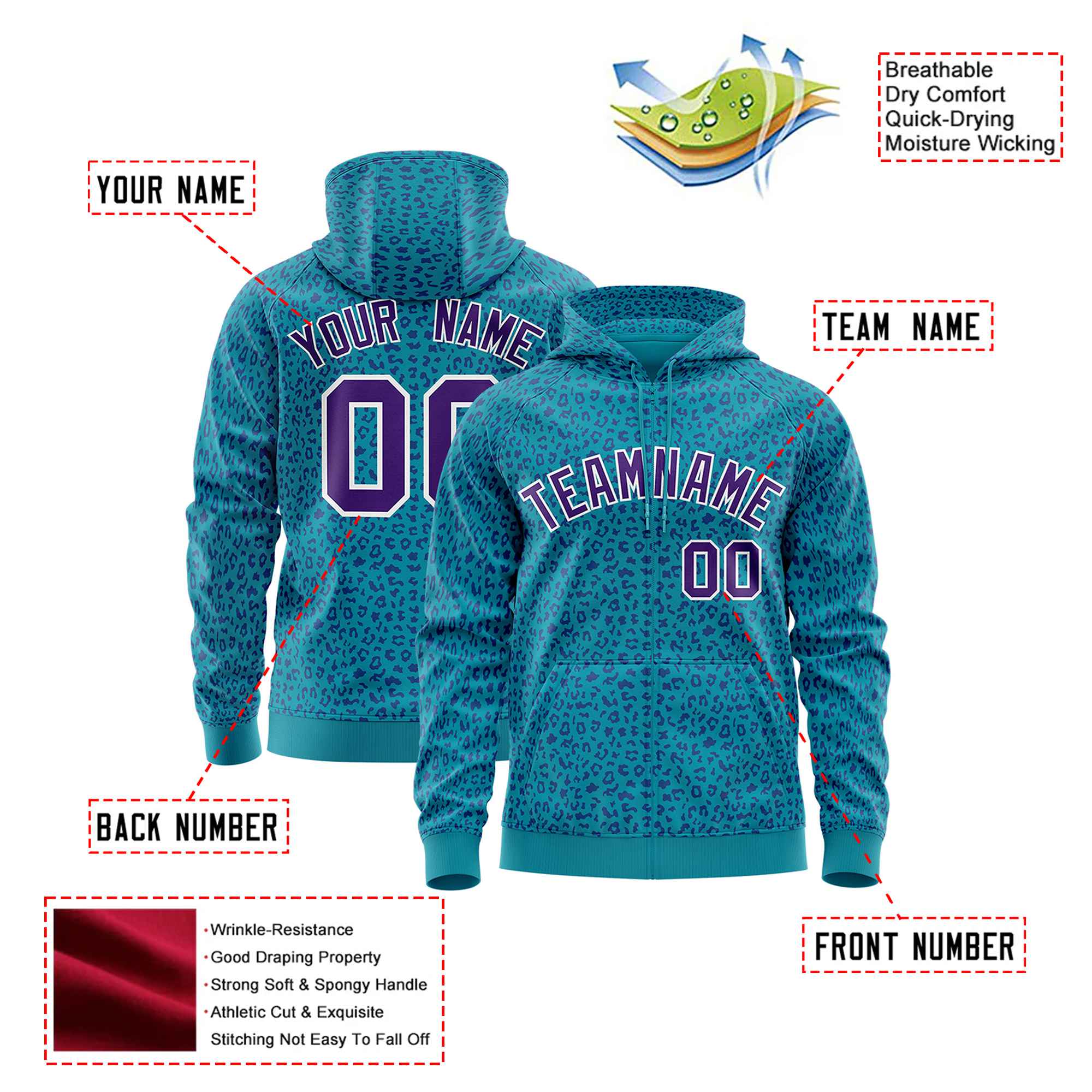 Custom Aqua Purple Varsity Full-Zip Letterman Leopard Print Hoodie Jacket