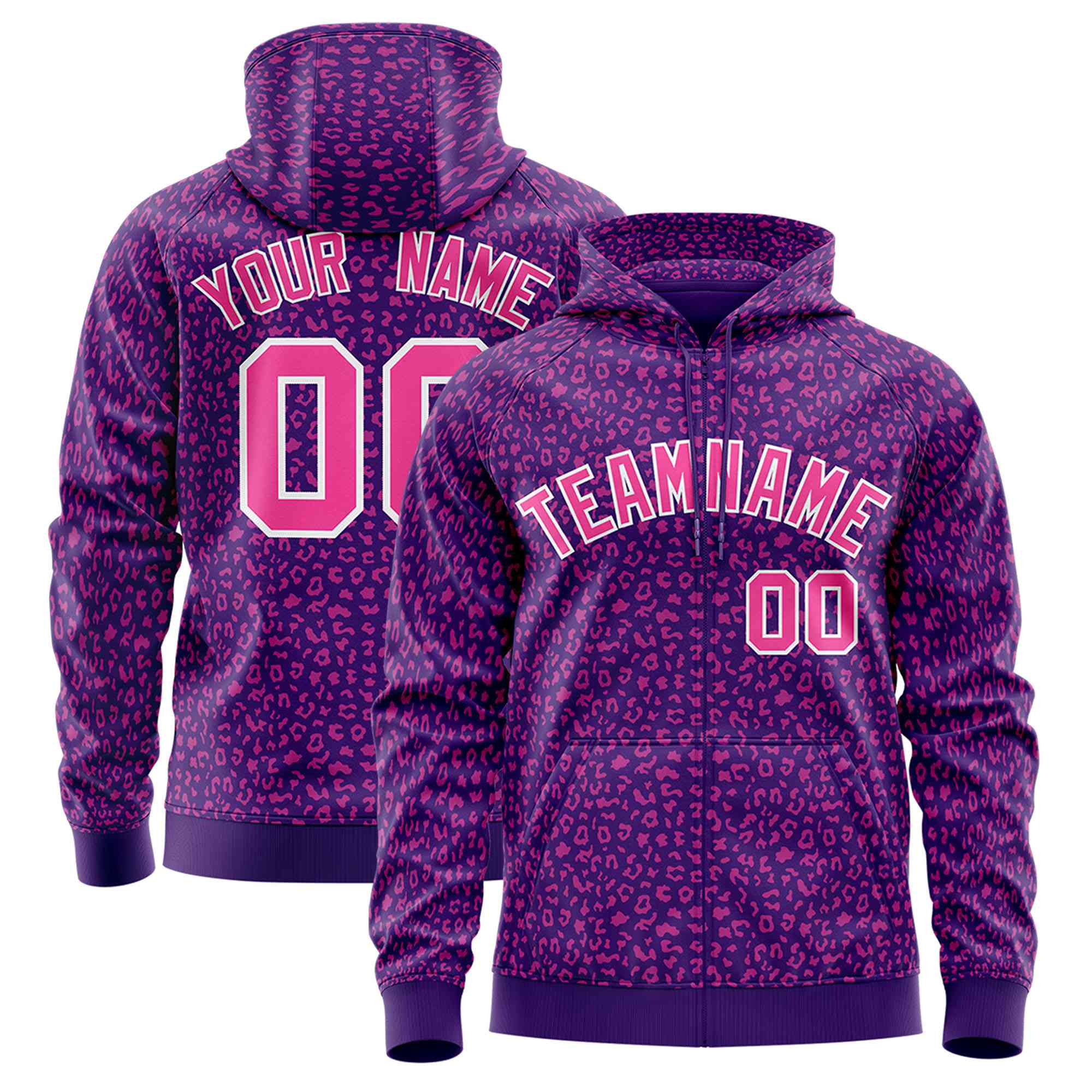 Custom Purple Pink Varsity Full-Zip Letterman Leopard Print Hoodie Jacket