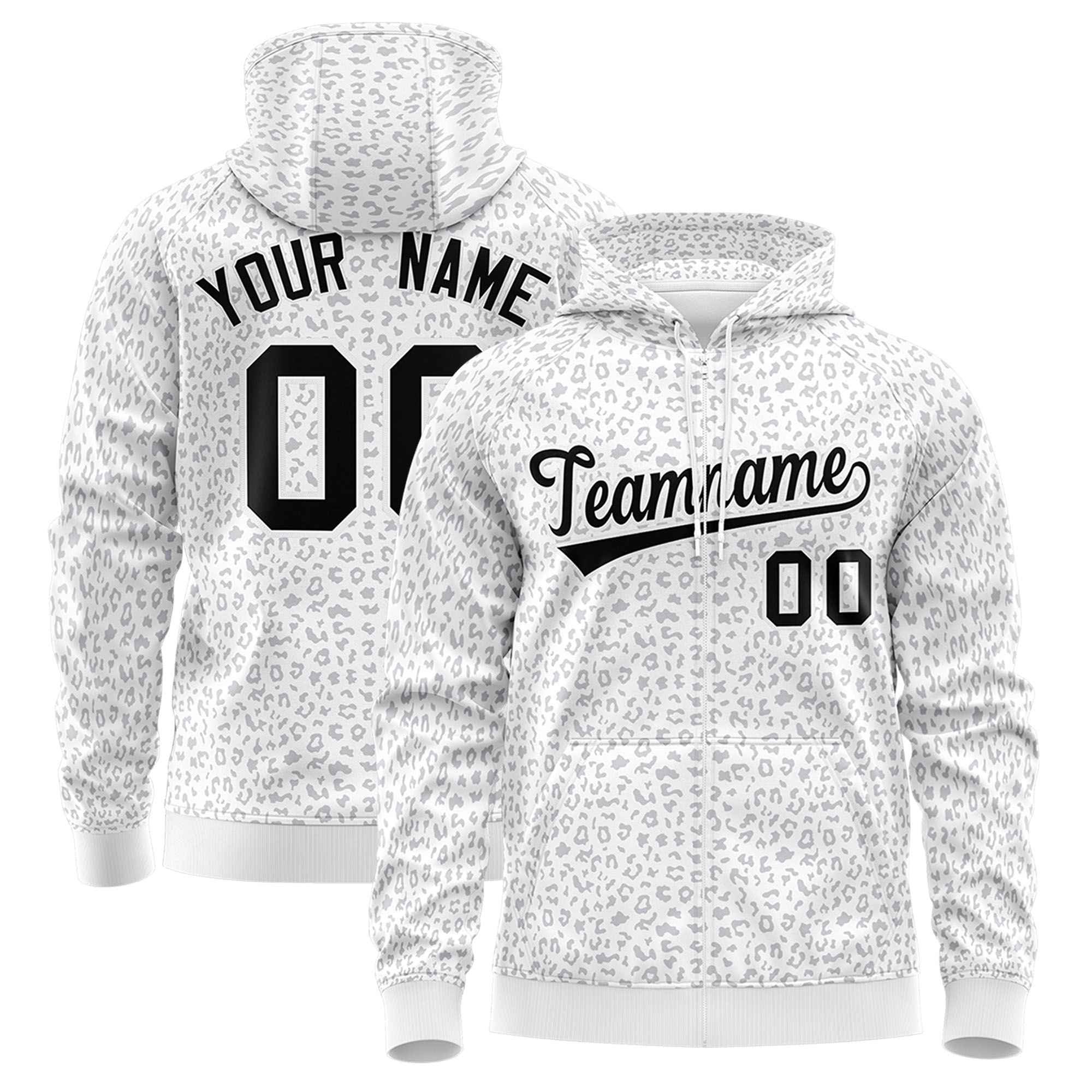 Custom White Gray Varsity Full-Zip Letterman Leopard Print Hoodie Jacket