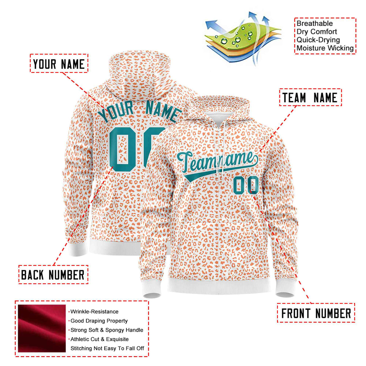 Custom White Orange Varsity Full-Zip Letterman Leopard Print Hoodie Jacket