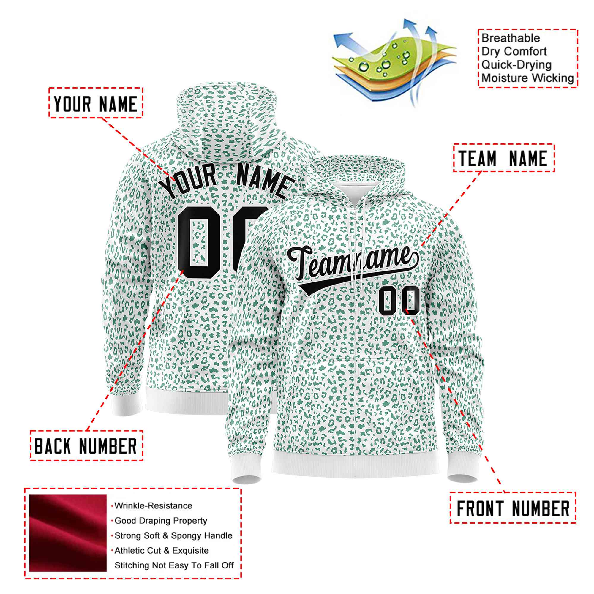 Custom White Green Varsity Full-Zip Letterman Leopard Print Hoodie Jacket