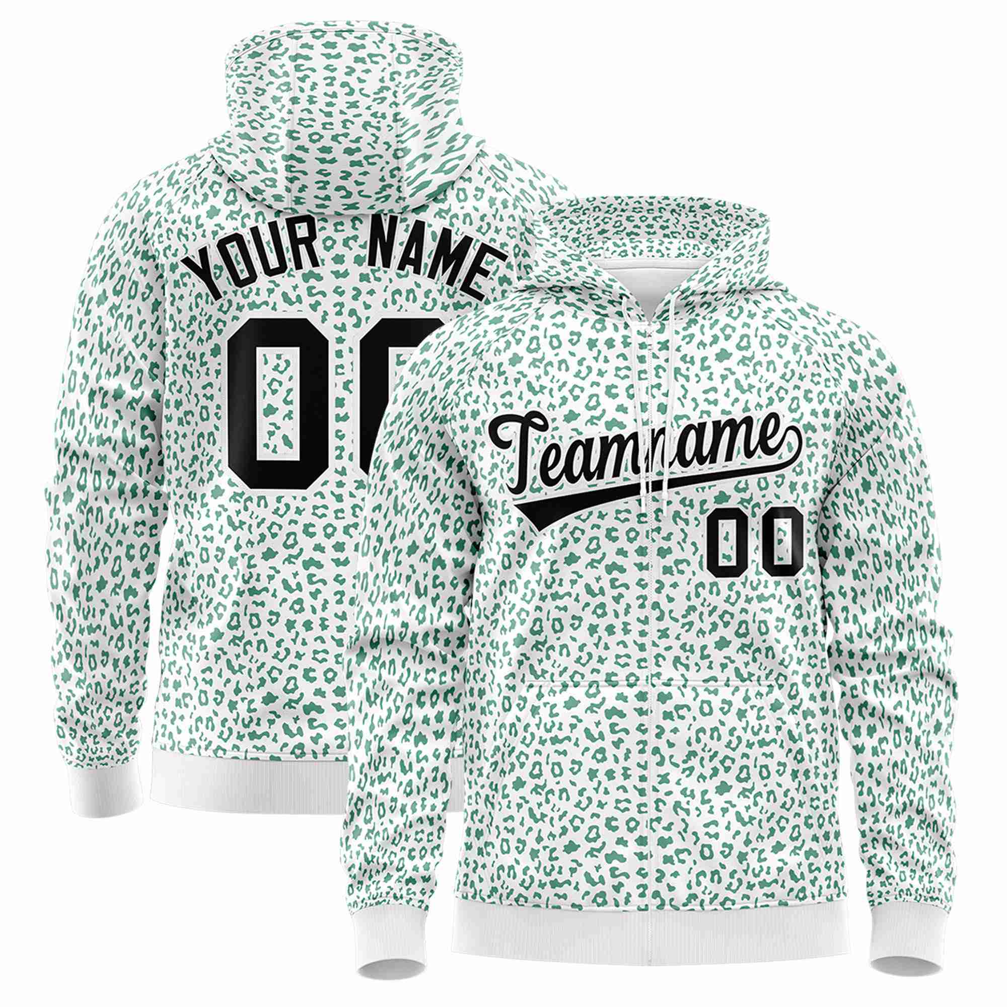 Custom White Green Varsity Full-Zip Letterman Leopard Print Hoodie Jacket