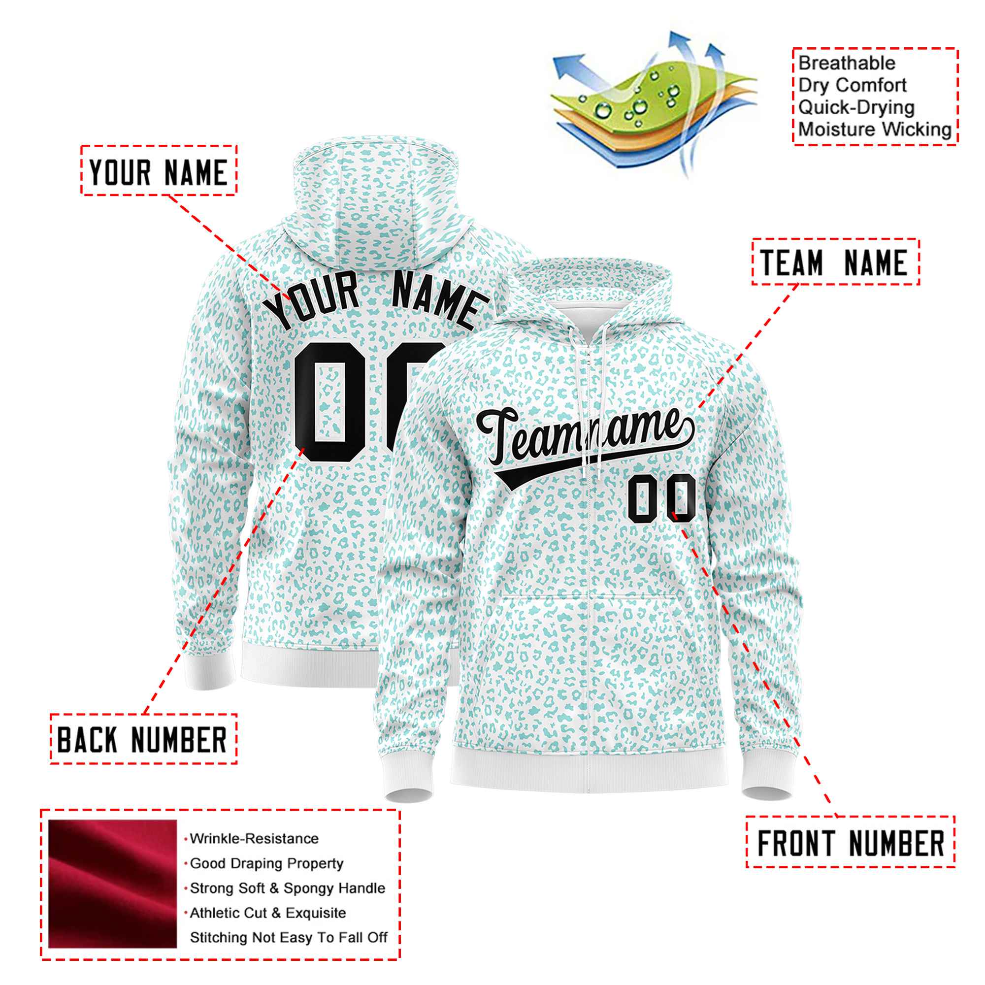 Custom White Aqua Varsity Full-Zip Letterman Leopard Print Hoodie Jacket