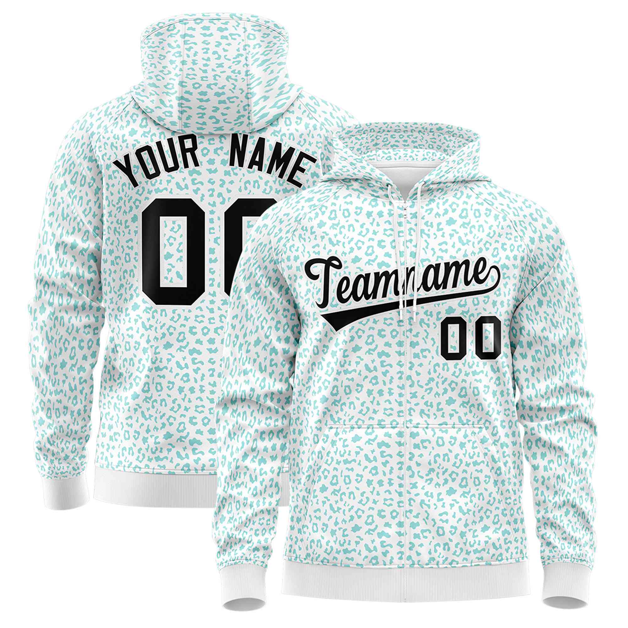 Custom White Aqua Varsity Full-Zip Letterman Leopard Print Hoodie Jacket