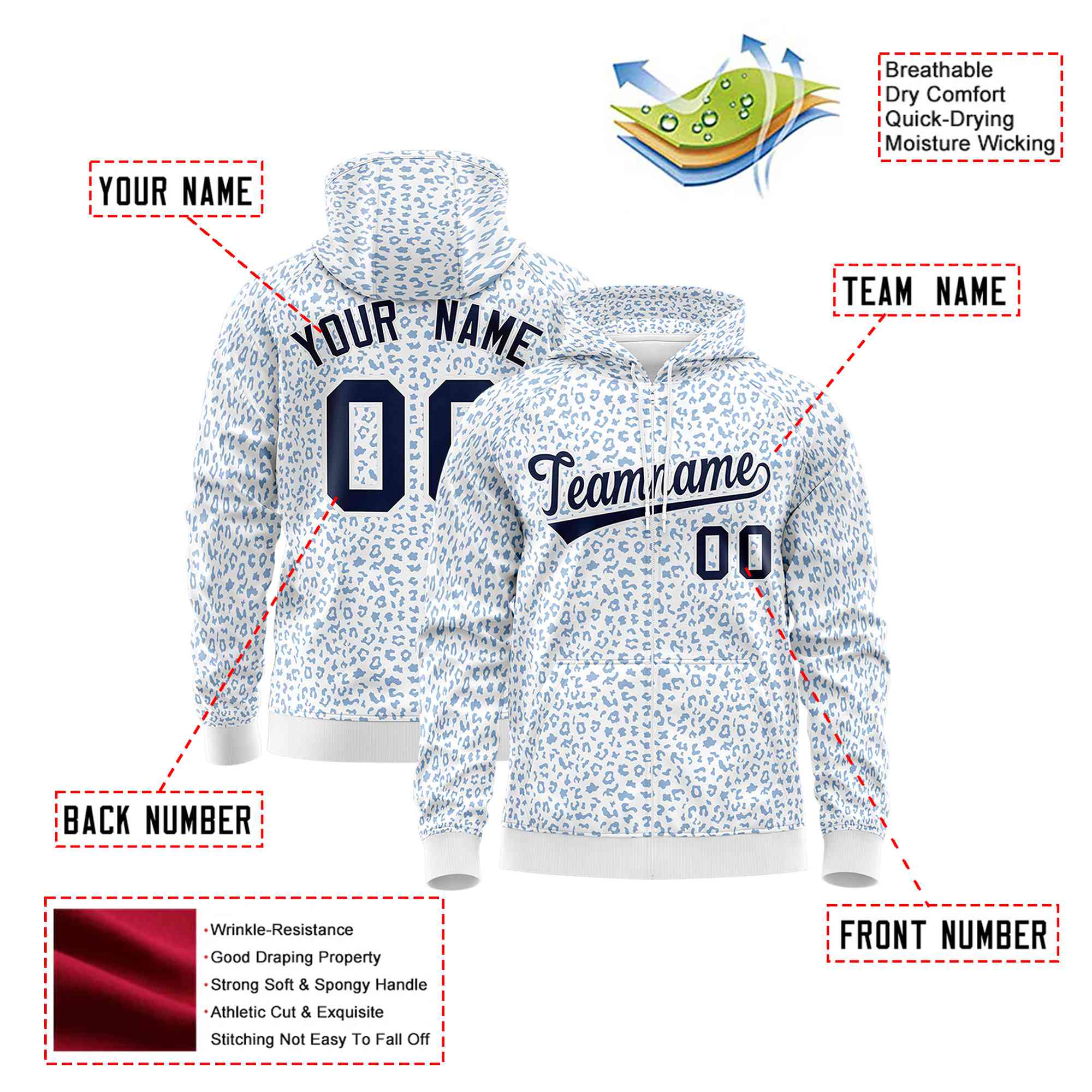 Custom White Navy Varsity Full-Zip Letterman Leopard Print Hoodie Jacket