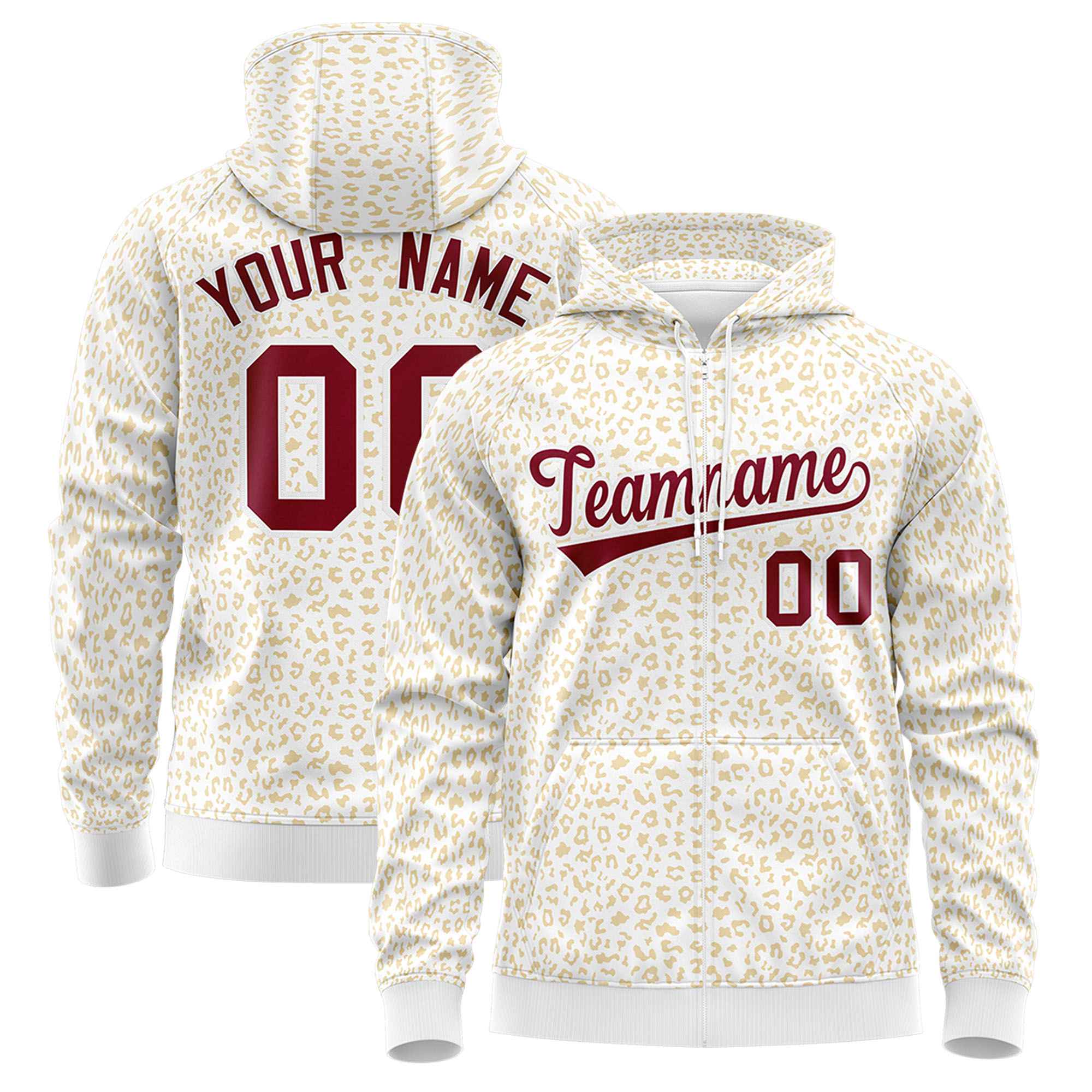 Custom White Khaki Varsity Full-Zip Letterman Leopard Print Hoodie Jacket