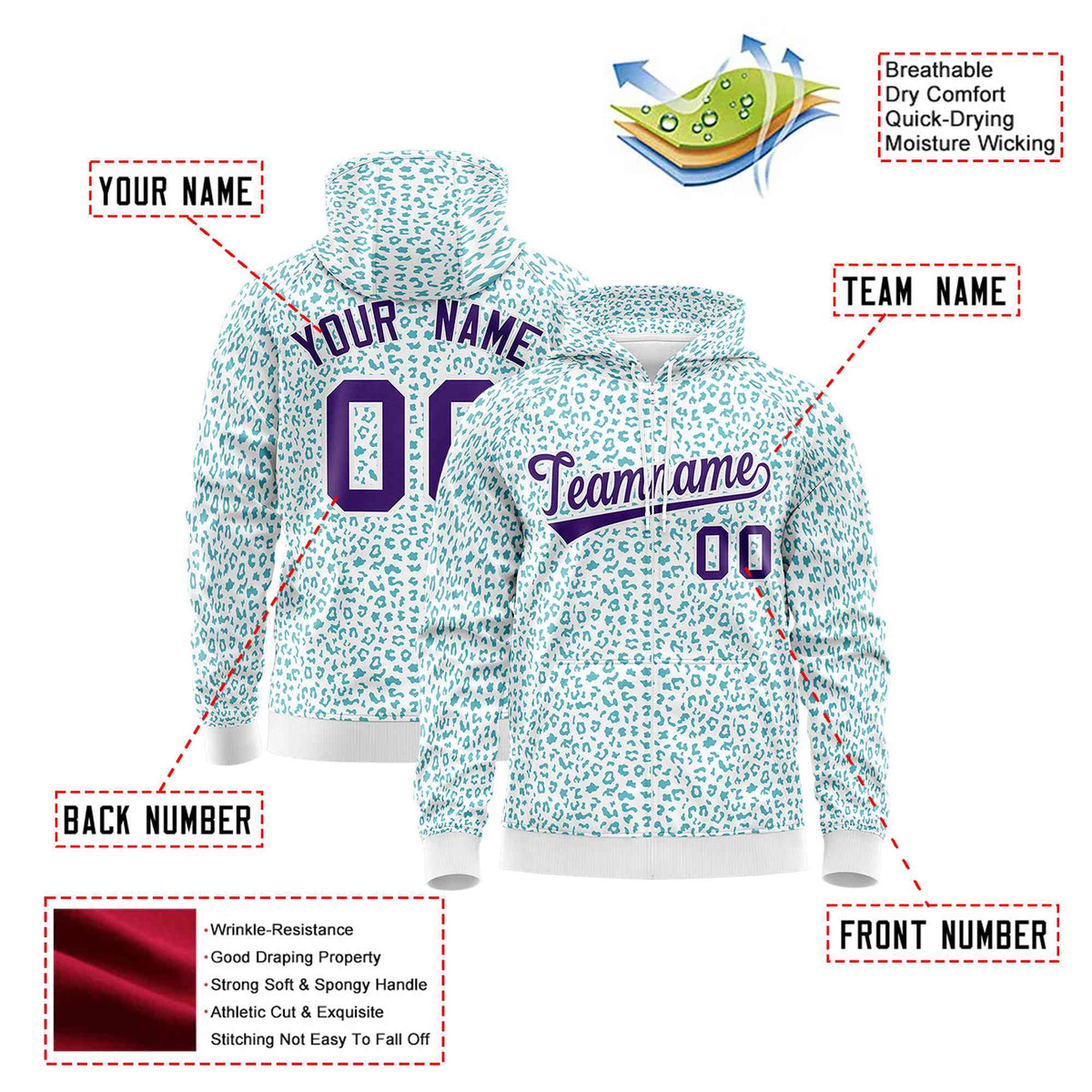 Custom White Aqua Varsity Full-Zip Letterman Leopard Print Hoodie Jacket