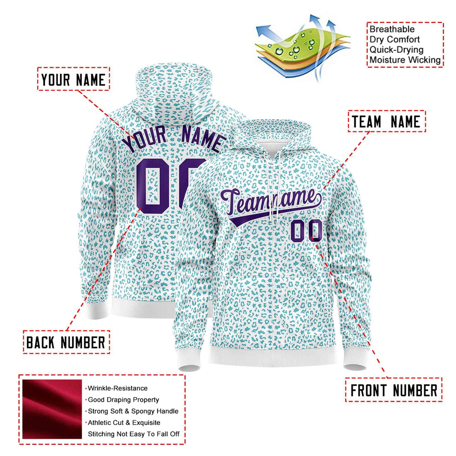 Custom White Aqua Varsity Full-Zip Letterman Leopard Print Hoodie Jacket