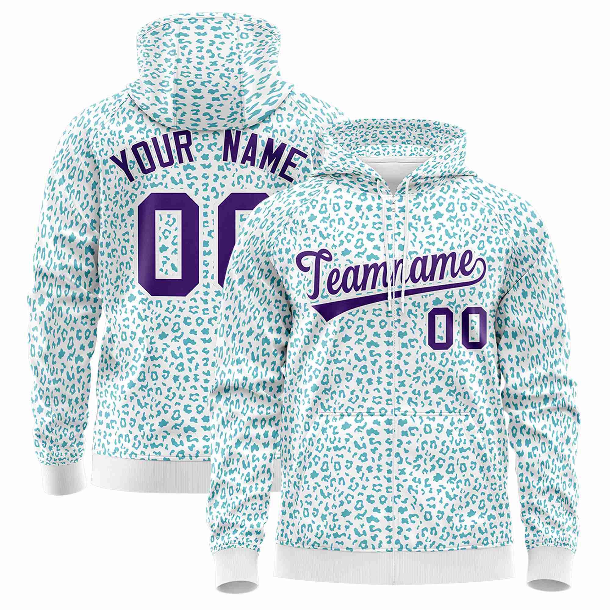 Custom White Aqua Varsity Full-Zip Letterman Leopard Print Hoodie Jacket