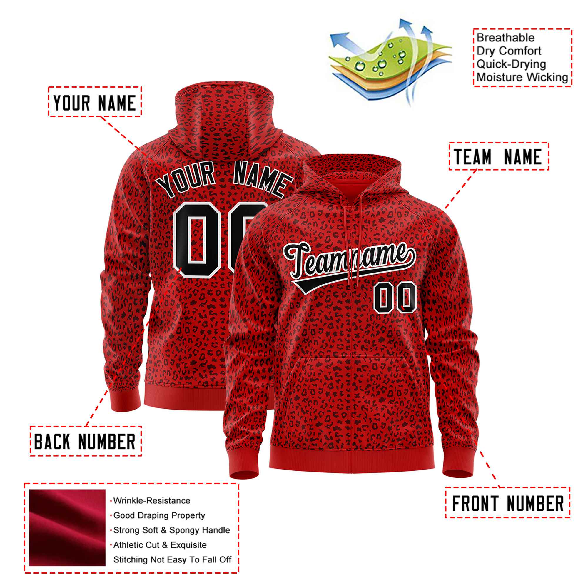 Custom Red Black Varsity Full-Zip Letterman Leopard Print Hoodie Jacket