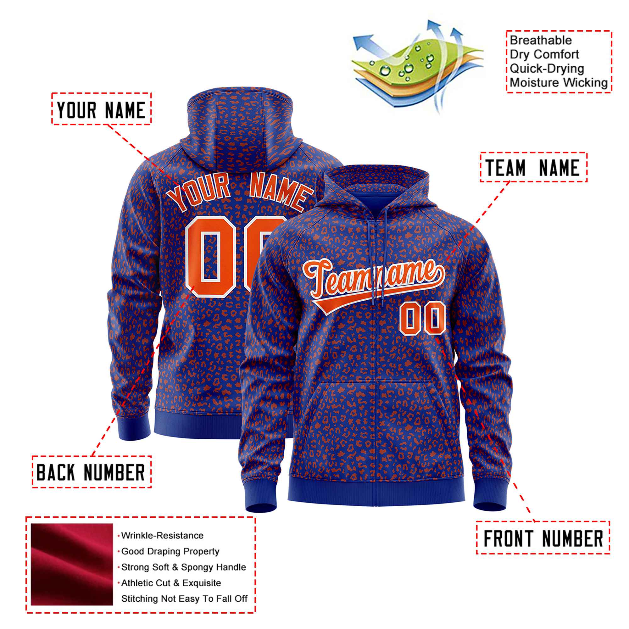 Custom Royal Blue Orange Varsity Full-Zip Letterman Leopard Print Hoodie Jacket