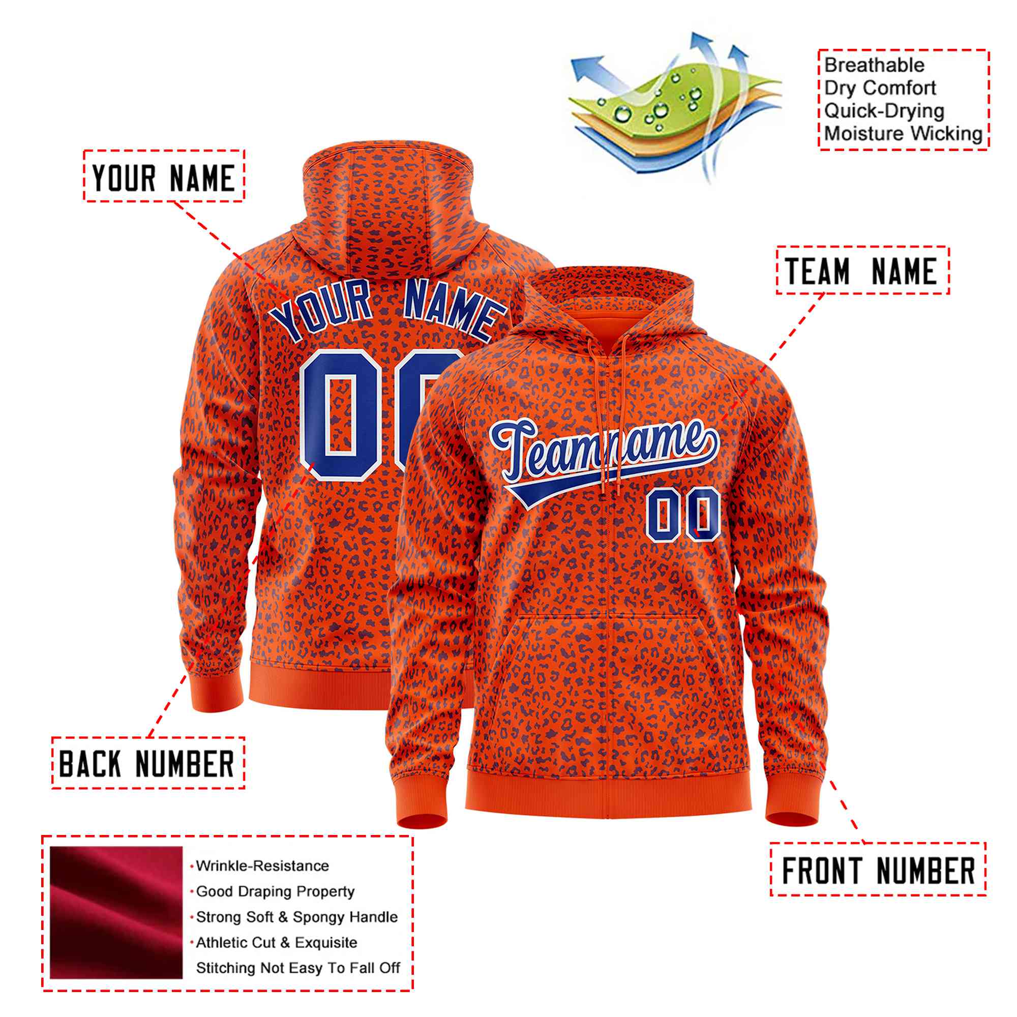 Custom Orange Royal Blue Varsity Full-Zip Letterman Leopard Print Hoodie Jacket