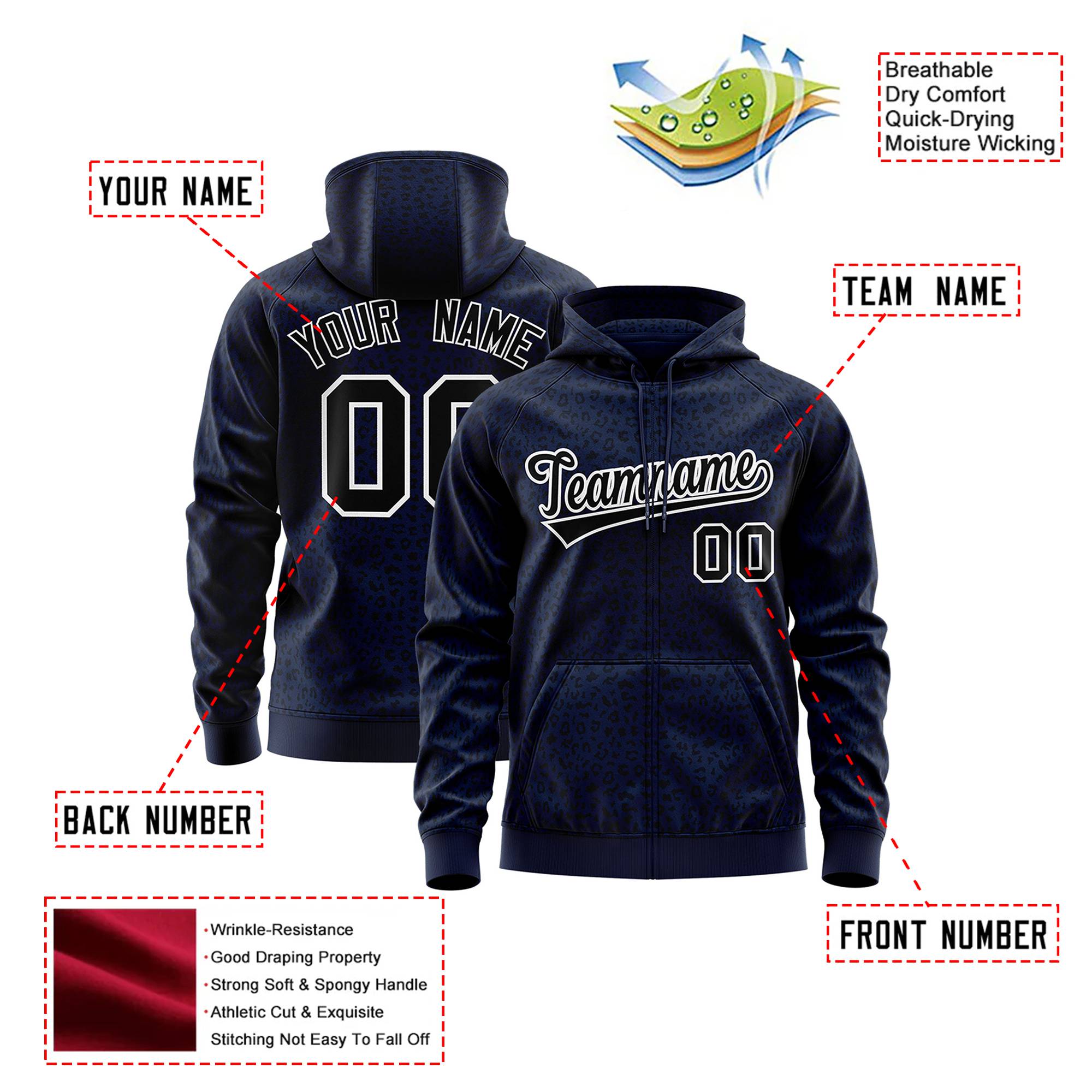 Custom Navy Black Varsity Full-Zip Letterman Leopard Print Hoodie Jacket