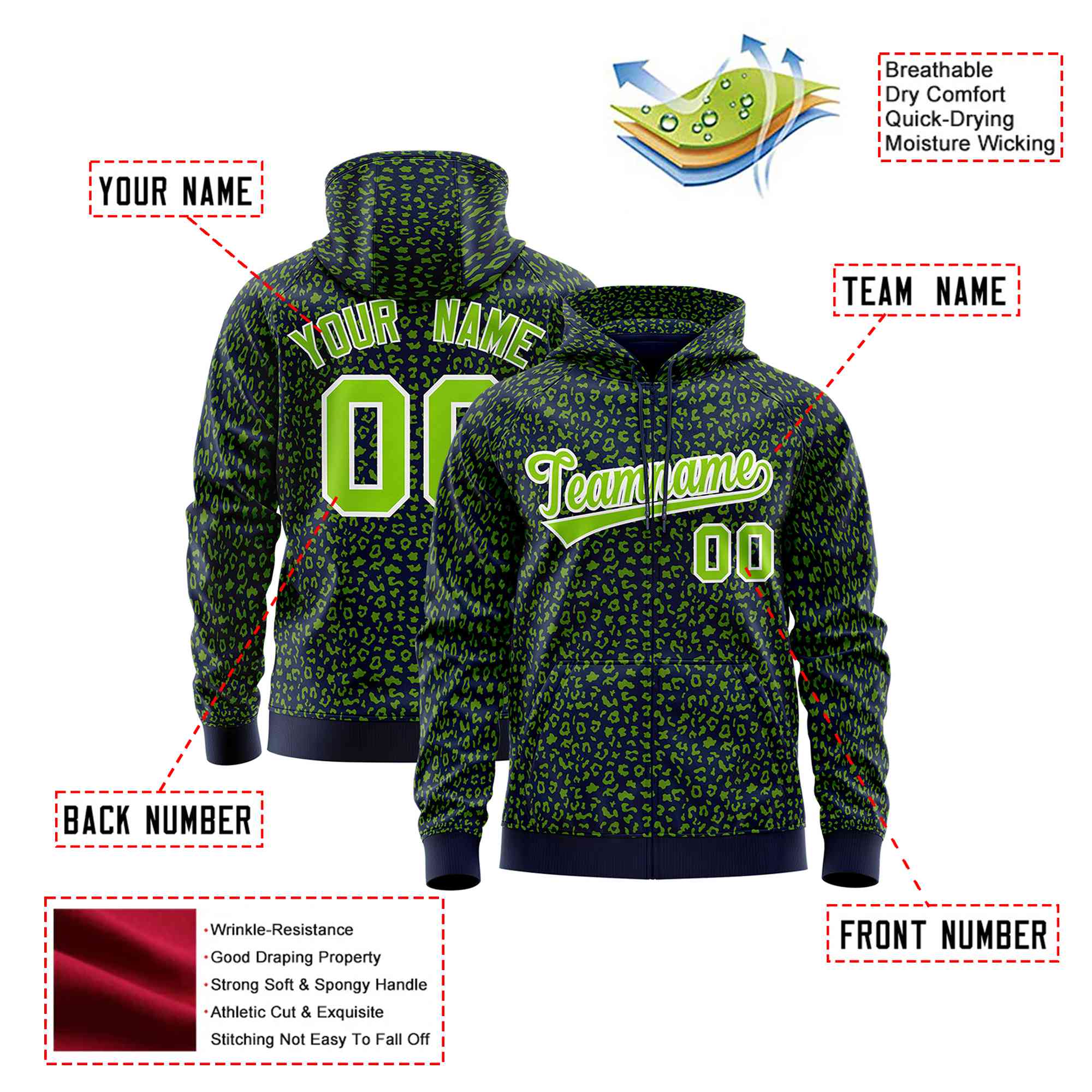 Custom Navy Neon Green Varsity Full-Zip Letterman Leopard Print Hoodie Jacket