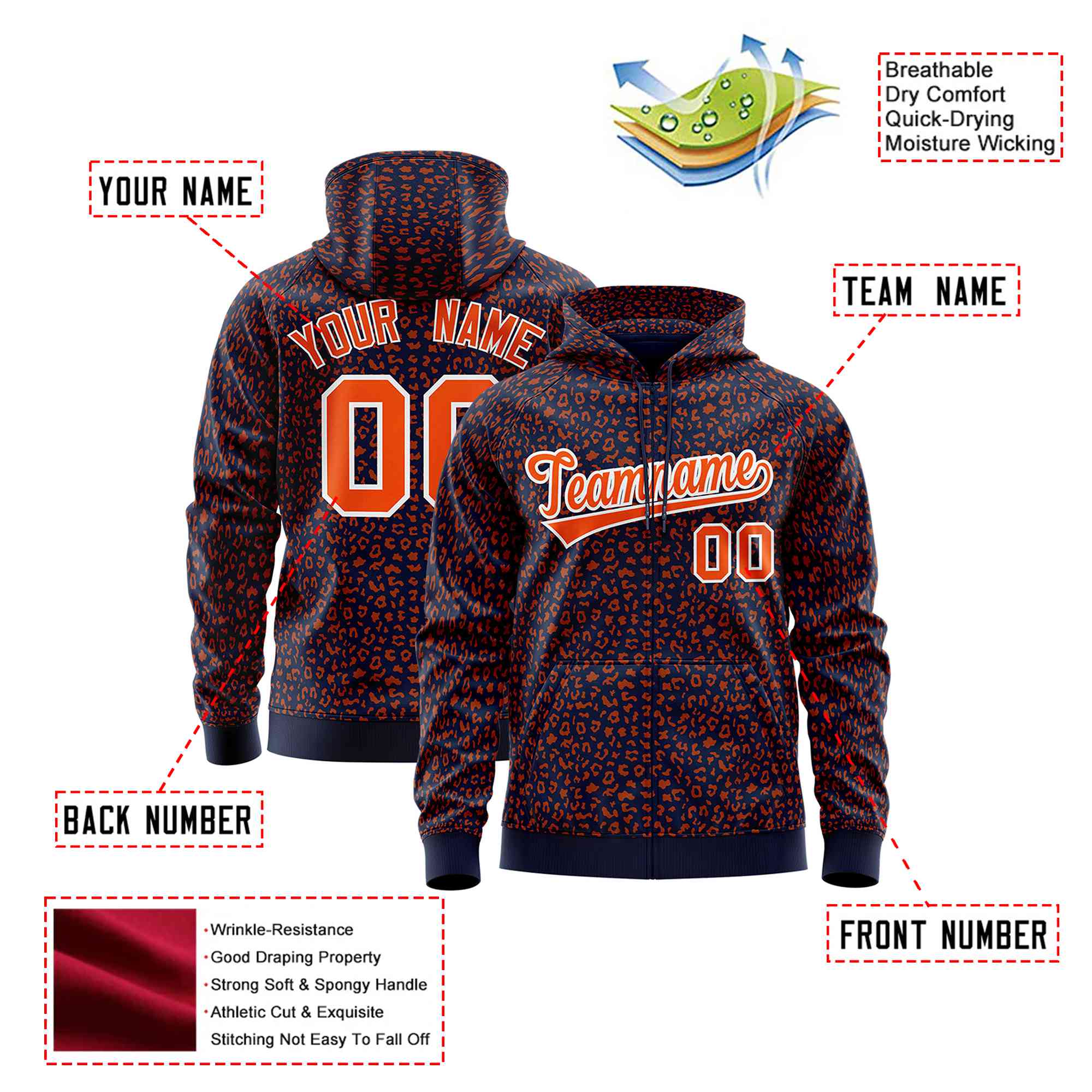 Custom Navy Orange Varsity Full-Zip Letterman Leopard Print Hoodie Jacket