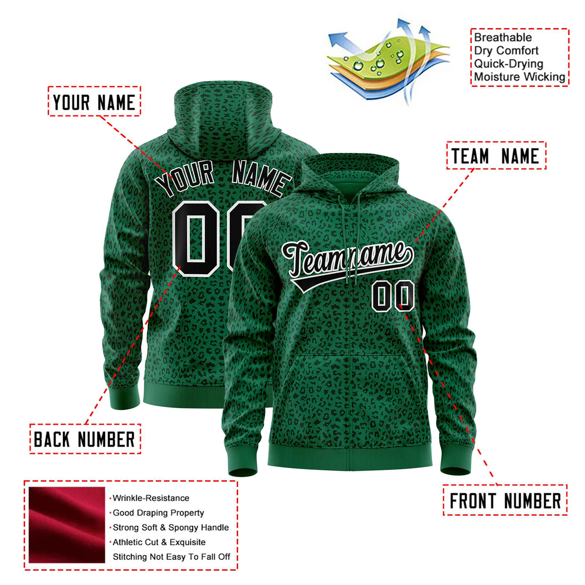 Custom Kelly Green Black Varsity Full-Zip Letterman Leopard Print Hoodie Jacket