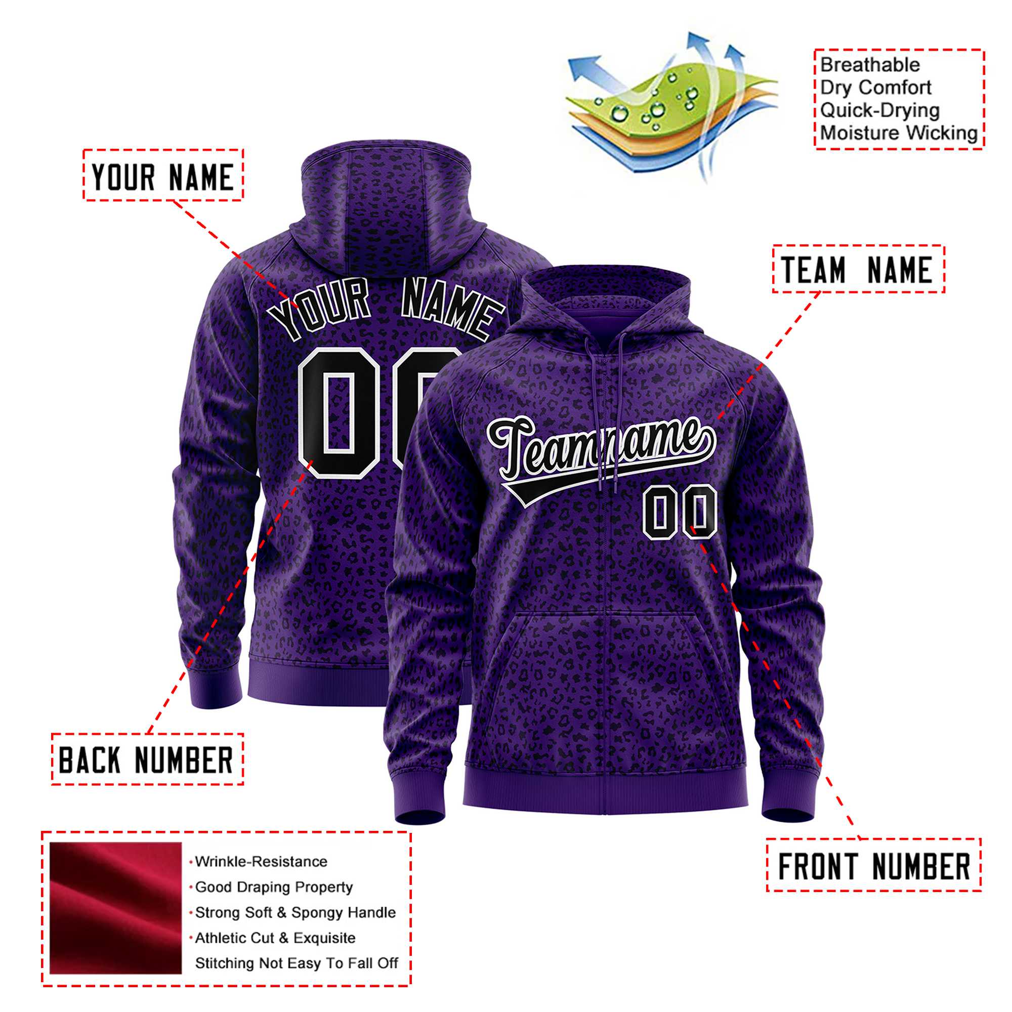 Custom Purple Black Varsity Full-Zip Letterman Leopard Print Hoodie Jacket