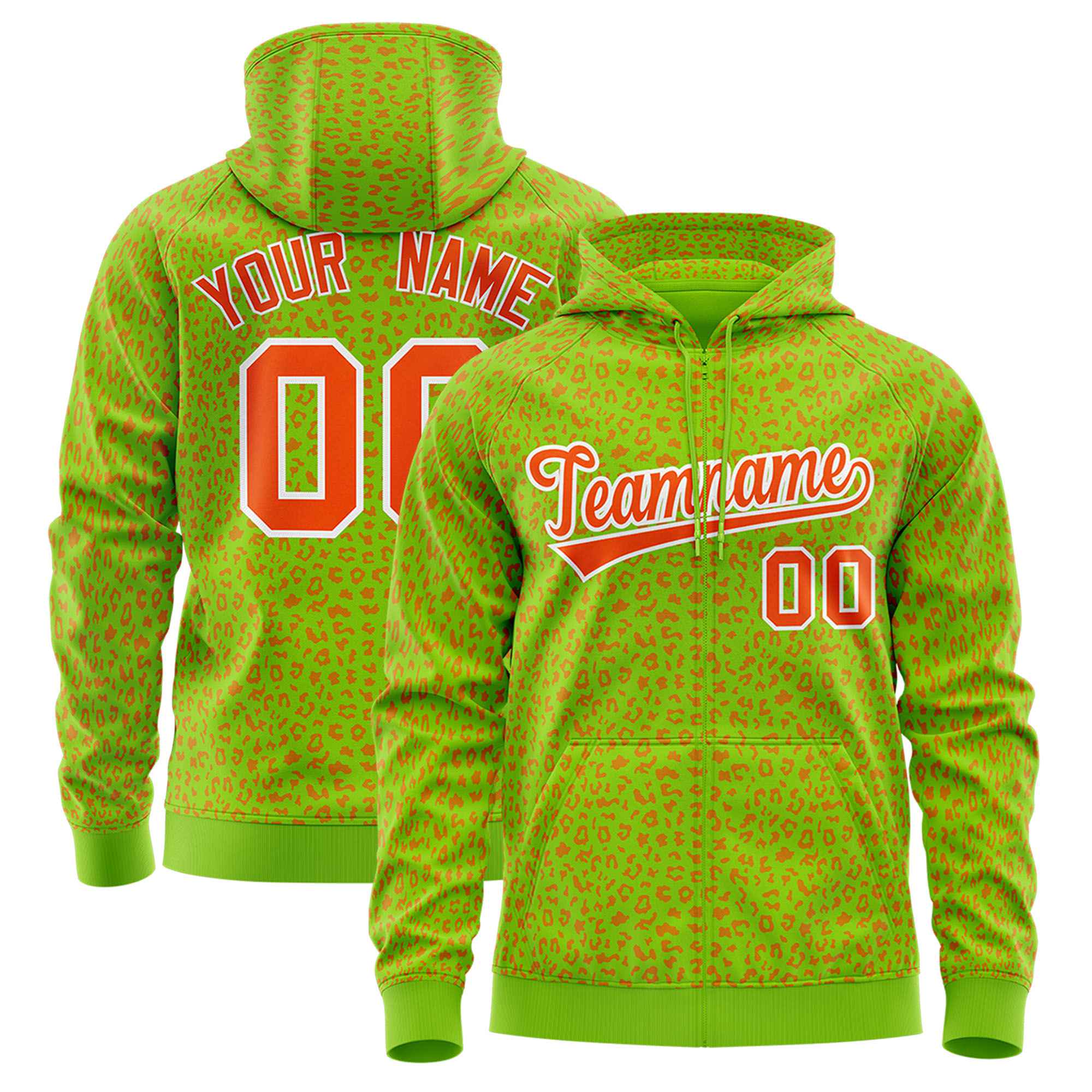 Custom Neon Green Orange Varsity Full-Zip Letterman Leopard Print Hoodie Jacket