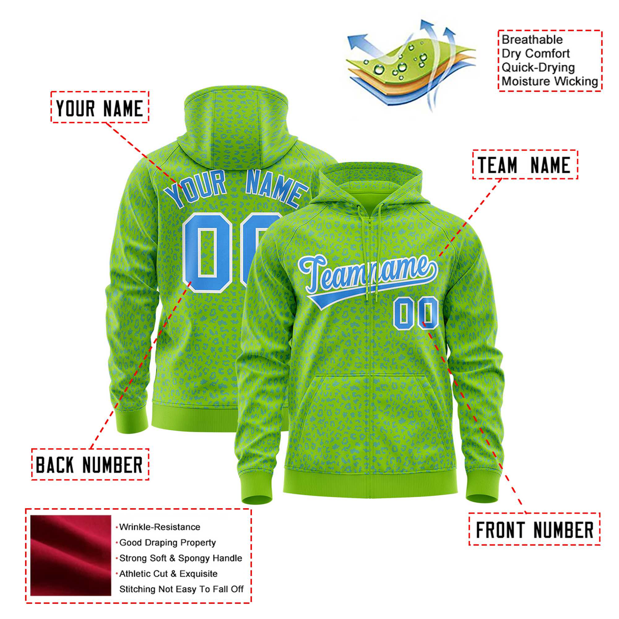 Custom Neon Green Powder Blue Varsity Full-Zip Letterman Leopard Print Hoodie Jacket