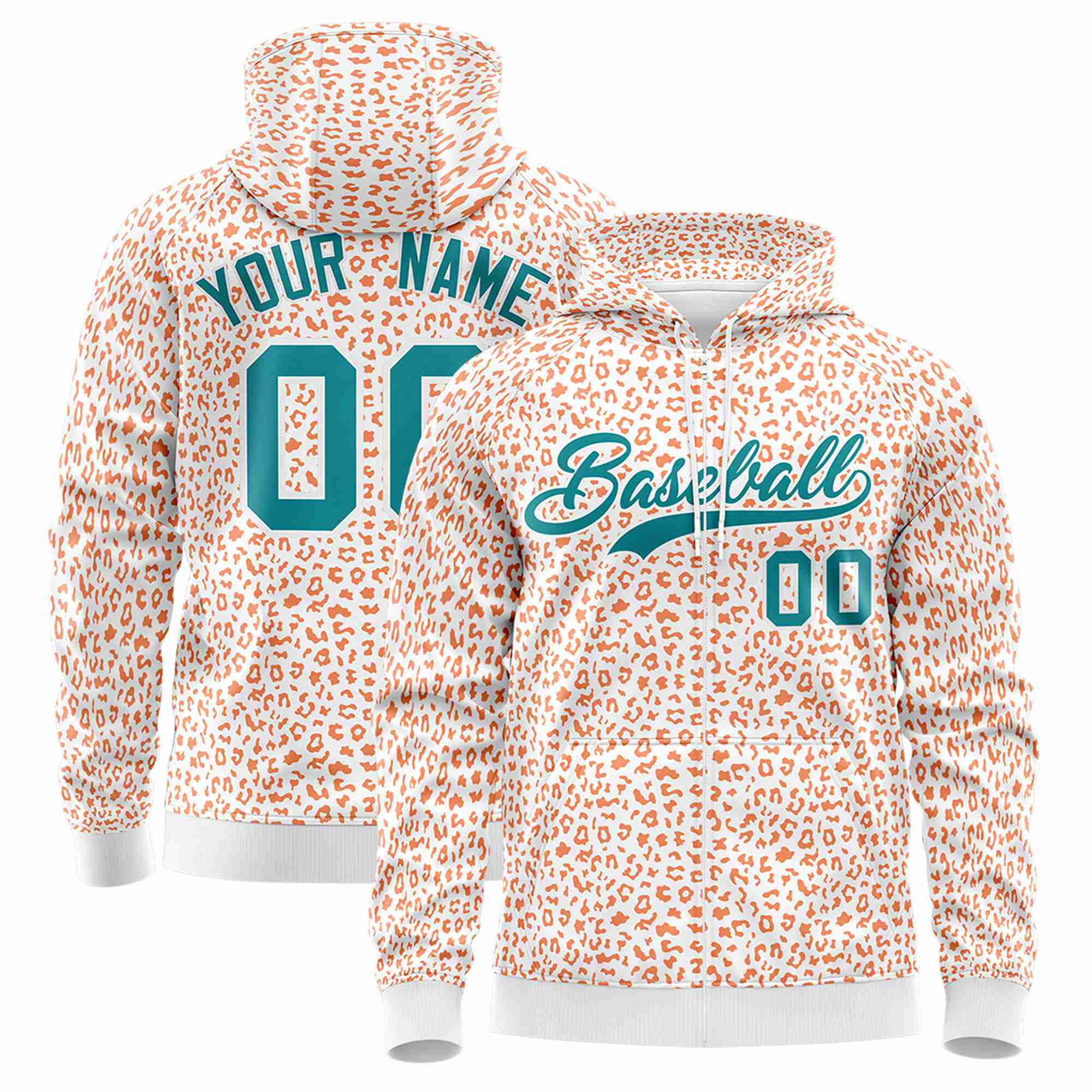 Custom White Orange Varsity Full-Zip Letterman Leopard Print Hoodie Jacket