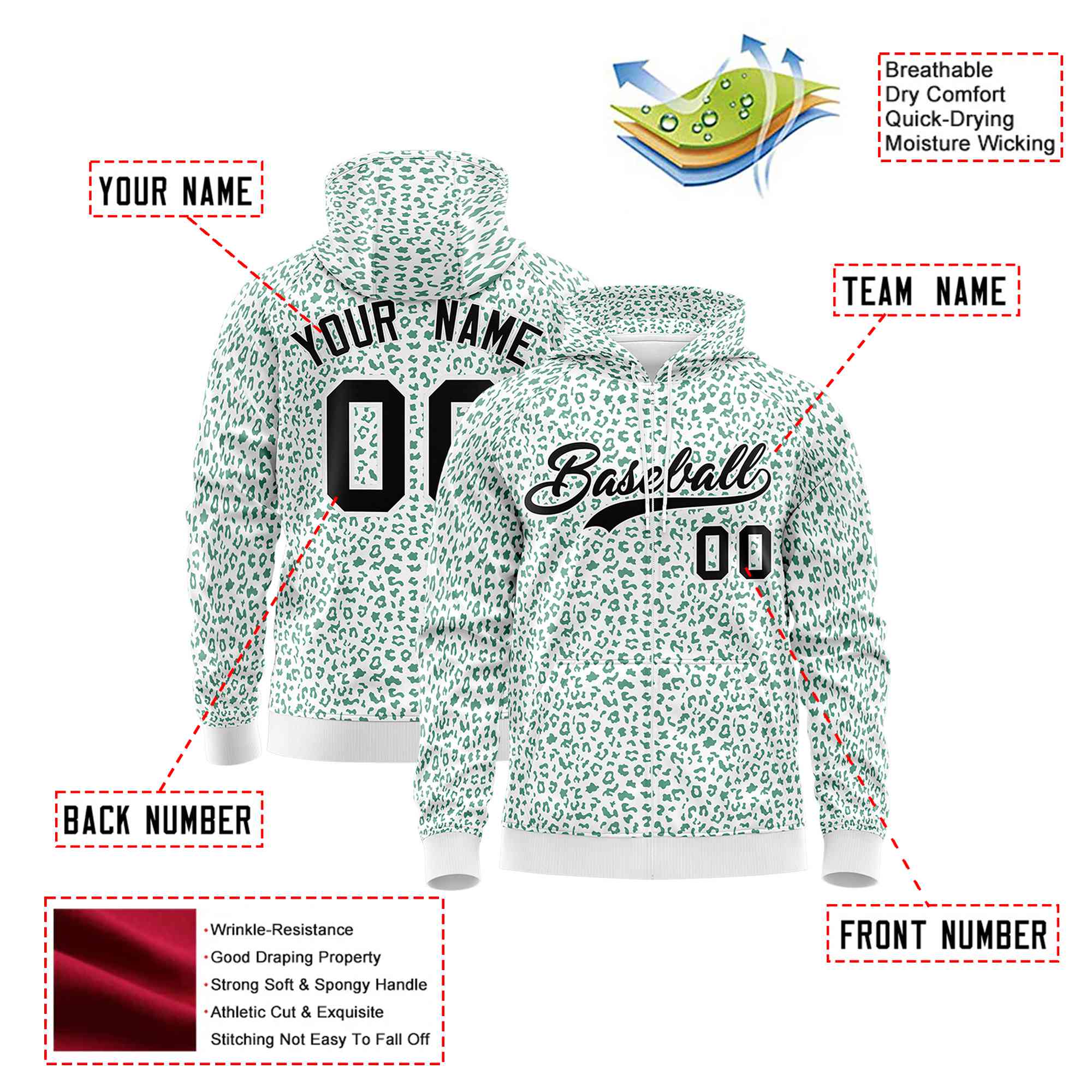 Custom White Green Varsity Full-Zip Letterman Leopard Print Hoodie Jacket