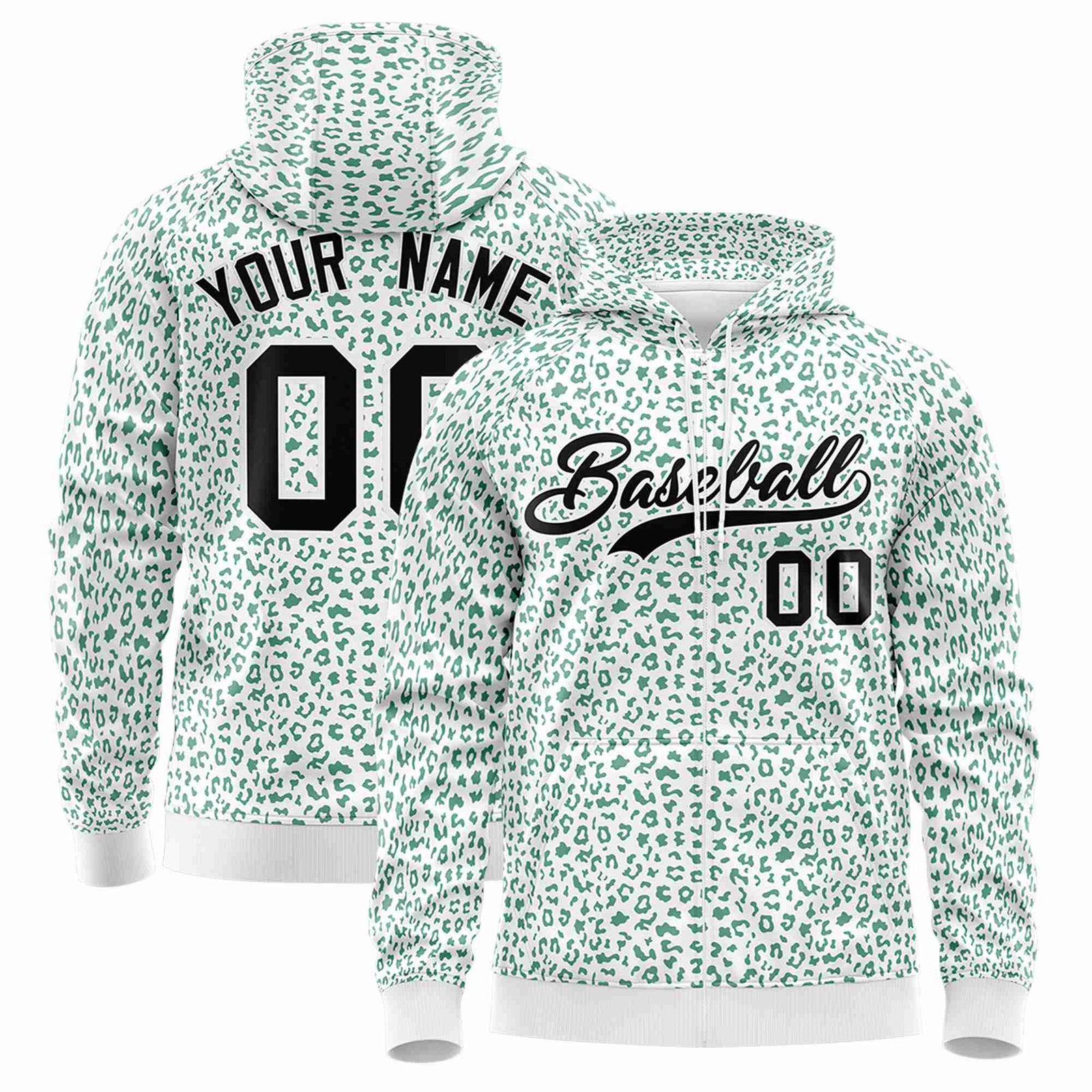 Custom White Green Varsity Full-Zip Letterman Leopard Print Hoodie Jacket