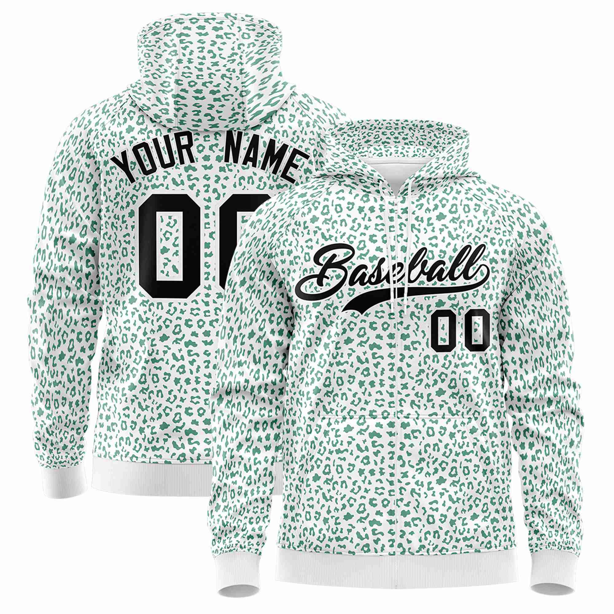 Custom White Green Varsity Full-Zip Letterman Leopard Print Hoodie Jacket