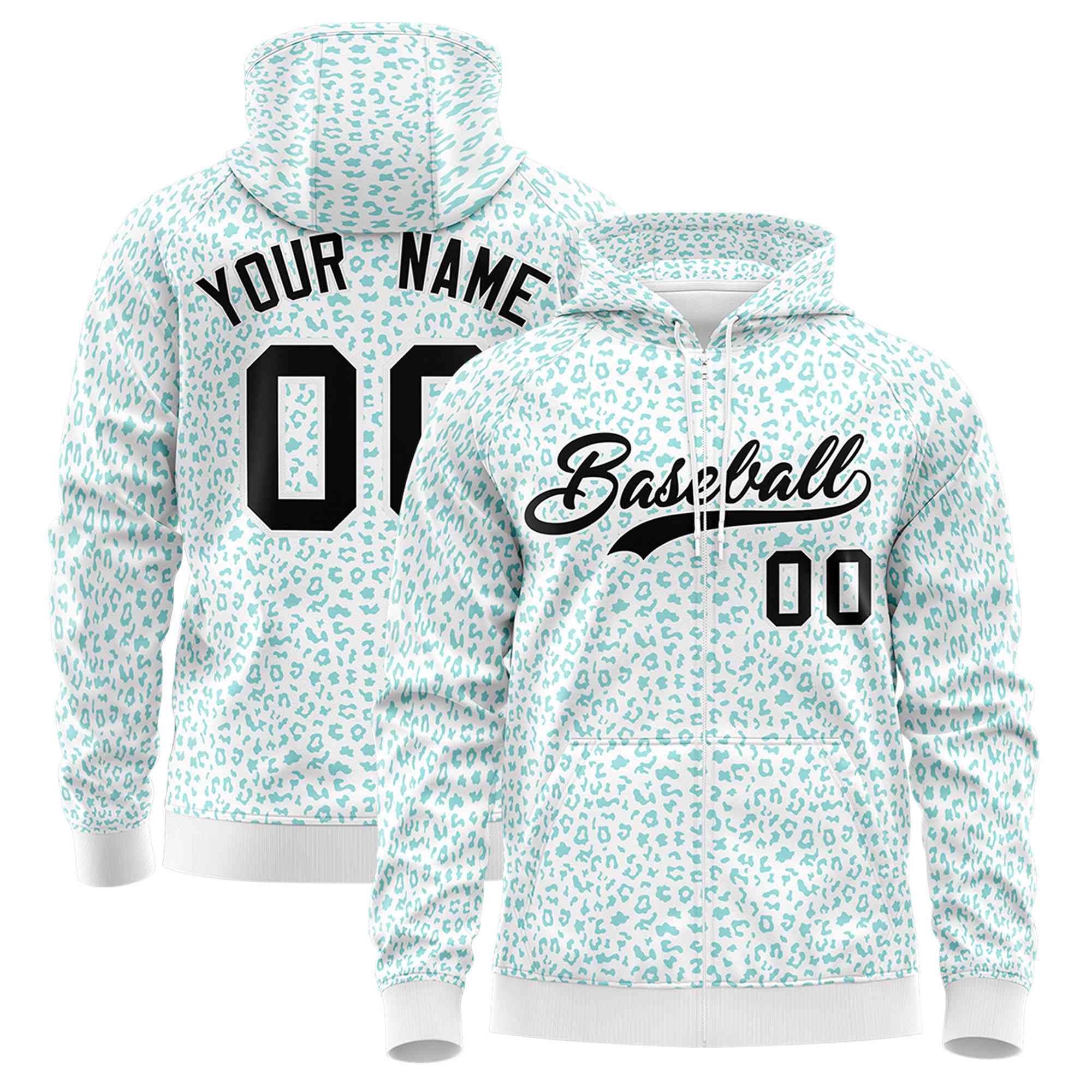 Custom White Aqua Varsity Full-Zip Letterman Leopard Print Hoodie Jacket