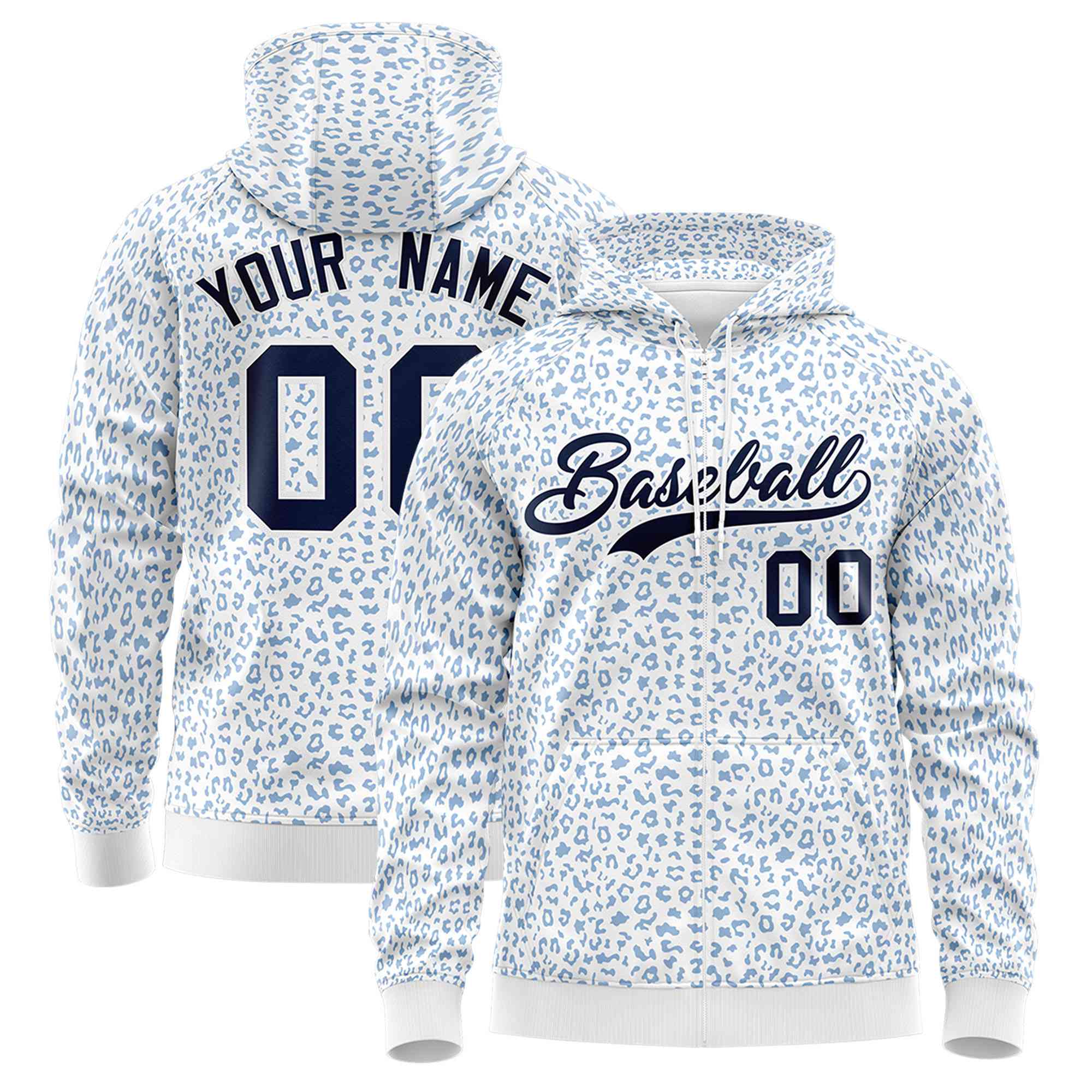 Custom White Navy Varsity Full-Zip Letterman Leopard Print Hoodie Jacket