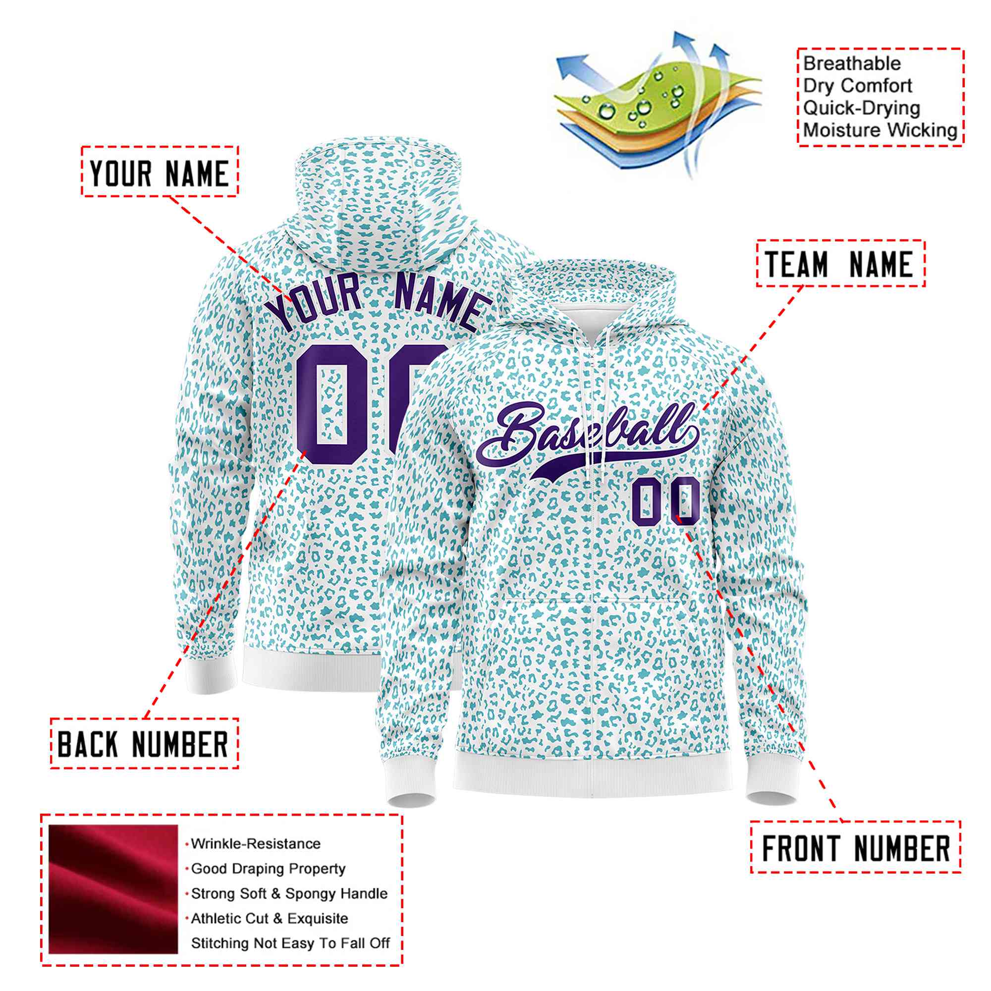 Custom White Aqua Varsity Full-Zip Letterman Leopard Print Hoodie Jacket