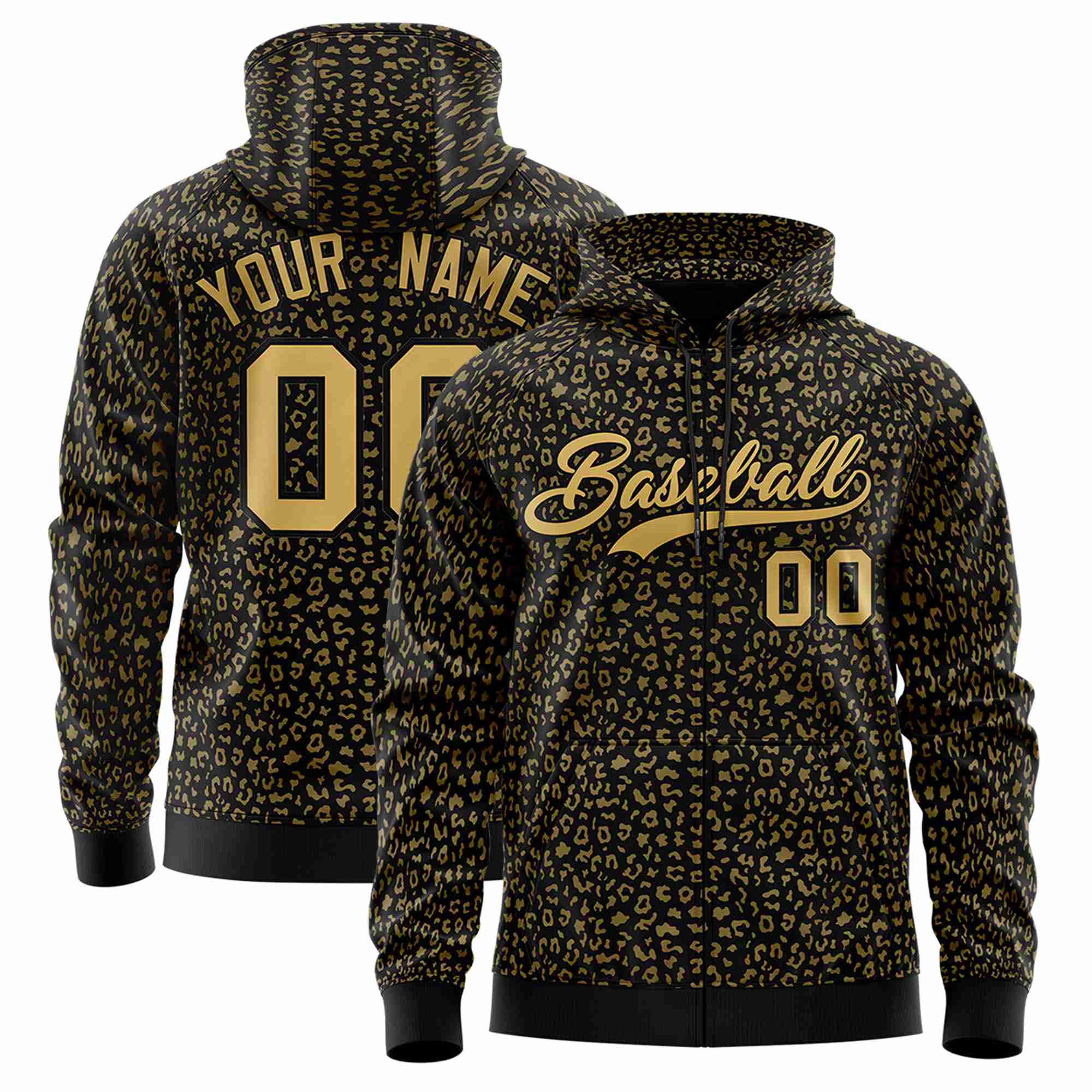 Custom Black Old Gold Varsity Full-Zip Letterman Leopard Print Hoodie Jacket