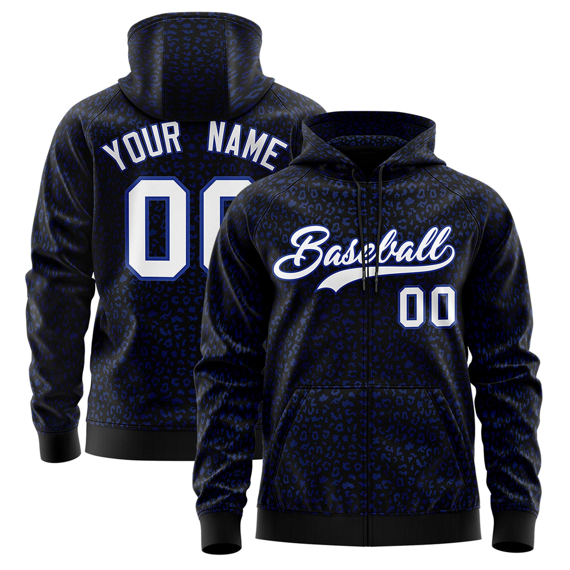 Custom Black Royal Blue Varsity Full-Zip Letterman Leopard Print Hoodie Jacket