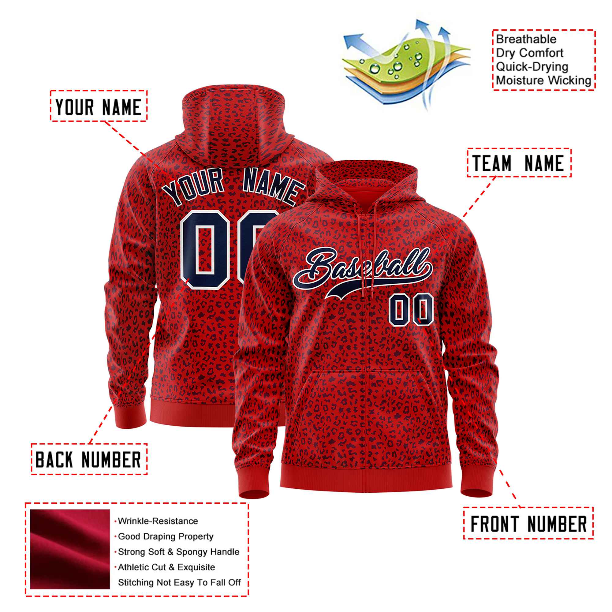 Custom Red Navy Varsity Full-Zip Letterman Leopard Print Hoodie Jacket