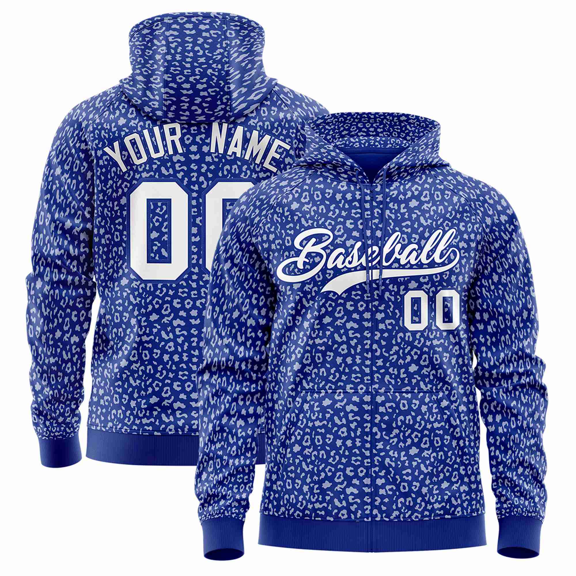 Custom Royal Blue White Varsity Full-Zip Letterman Leopard Print Hoodie Jacket