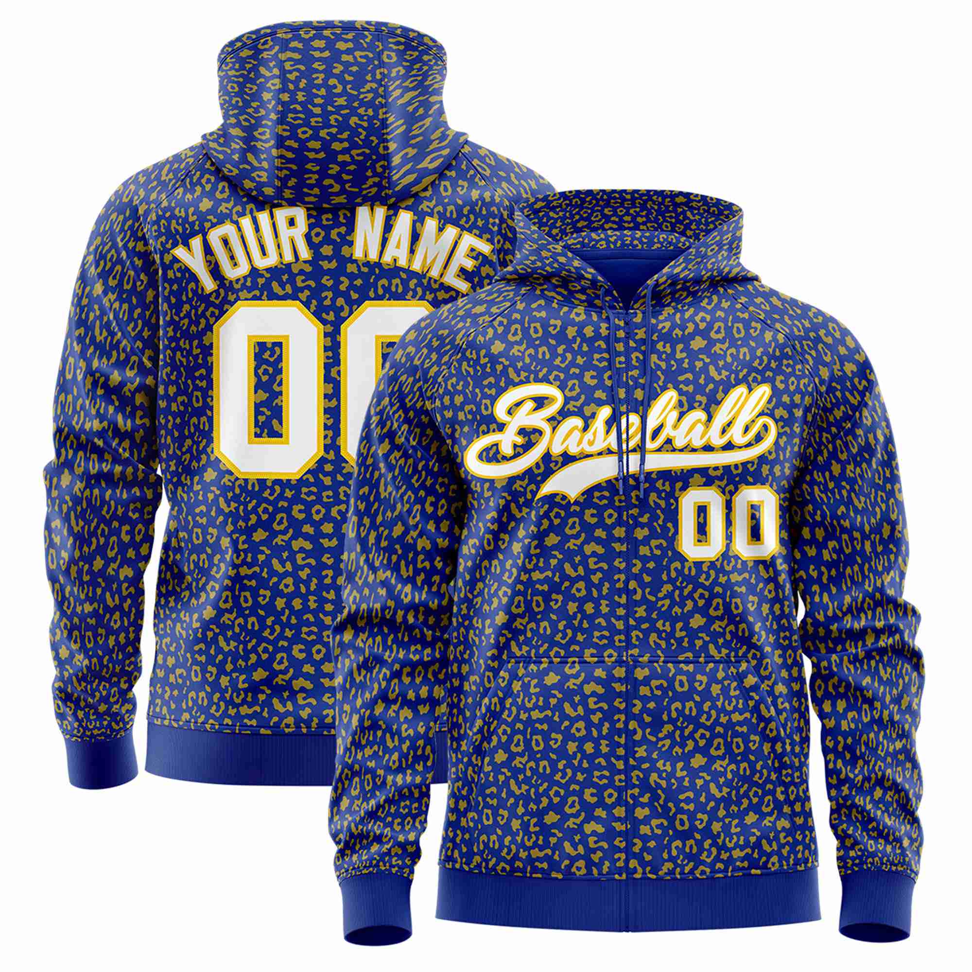 Custom Royal Blue Gold Varsity Full-Zip Letterman Leopard Print Hoodie Jacket