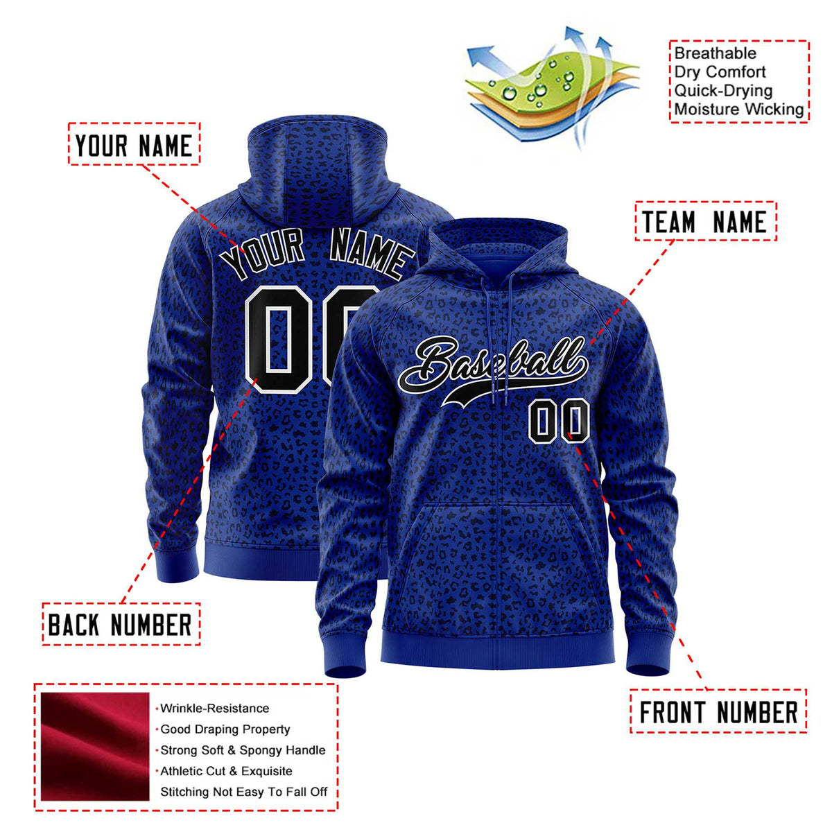 Custom Royal Blue Black Varsity Full-Zip Letterman Leopard Print Hoodie Jacket