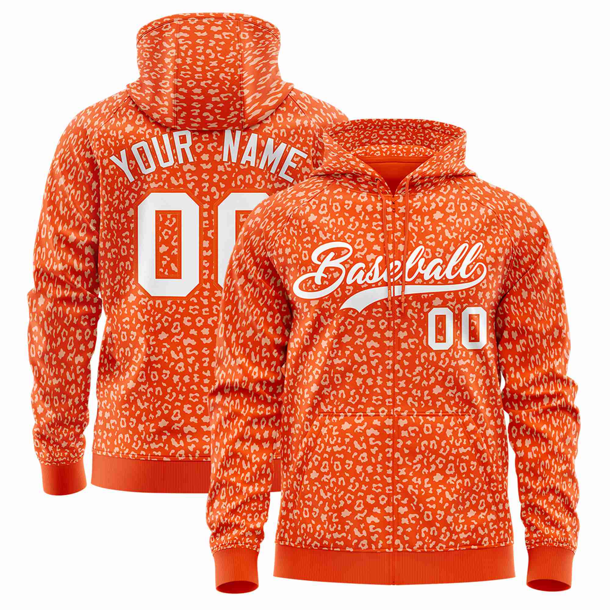 Custom Orange White Varsity Full-Zip Letterman Leopard Print Hoodie Jacket