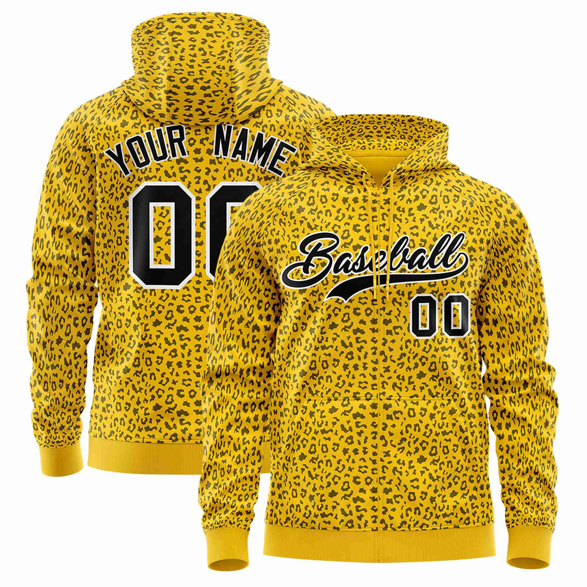 Custom Gold Black Varsity Full-Zip Letterman Leopard Print Hoodie Jacket